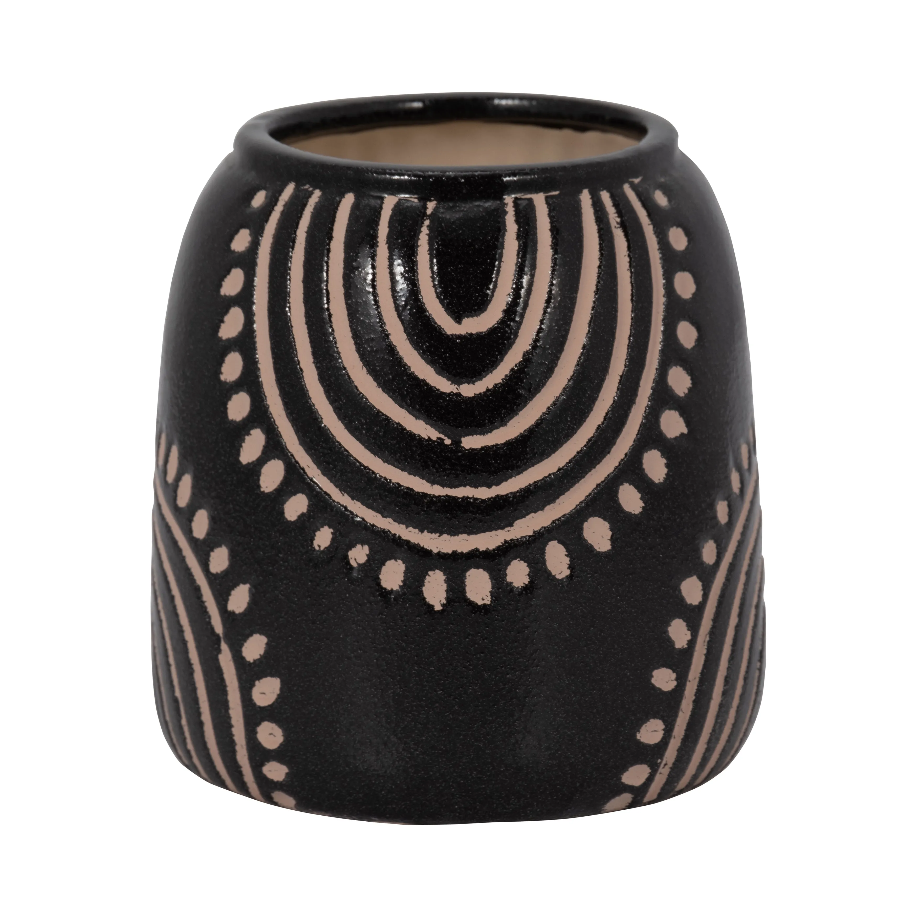 CER, 9" TRIBAL ARCH VASE, BLACK/TAN