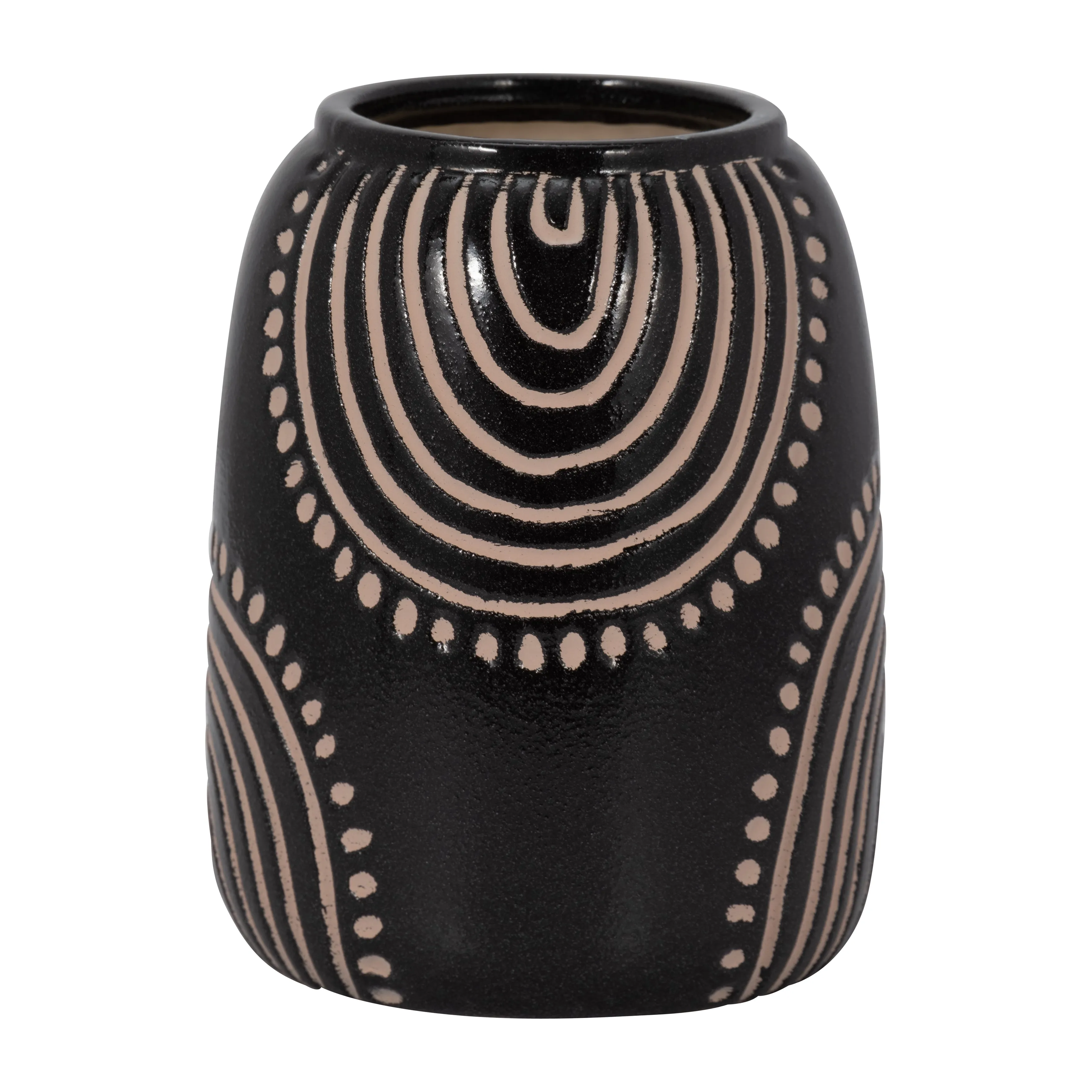 CER, 9" TRIBAL ARCH VASE, BLACK/TAN
