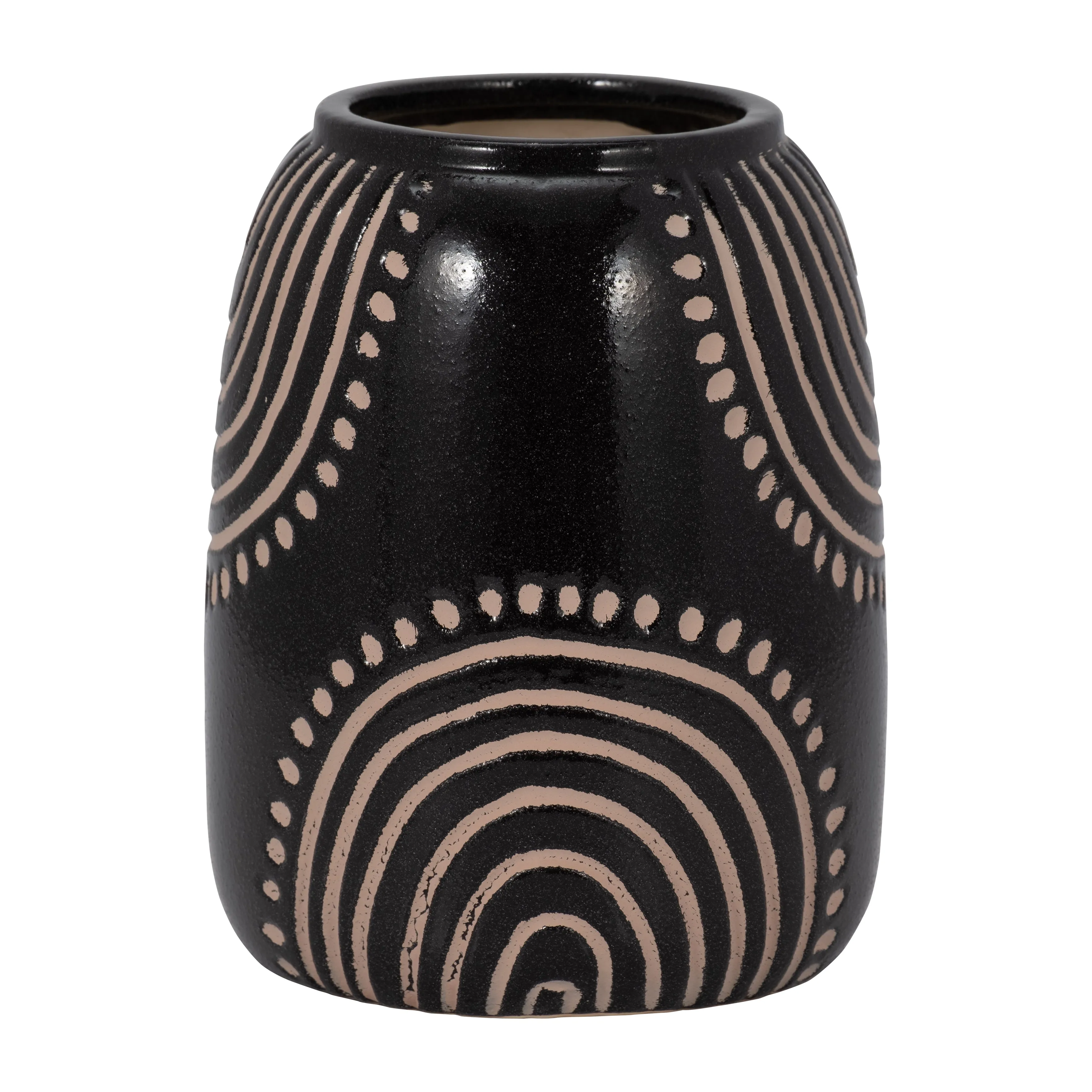 CER, 9" TRIBAL ARCH VASE, BLACK/TAN