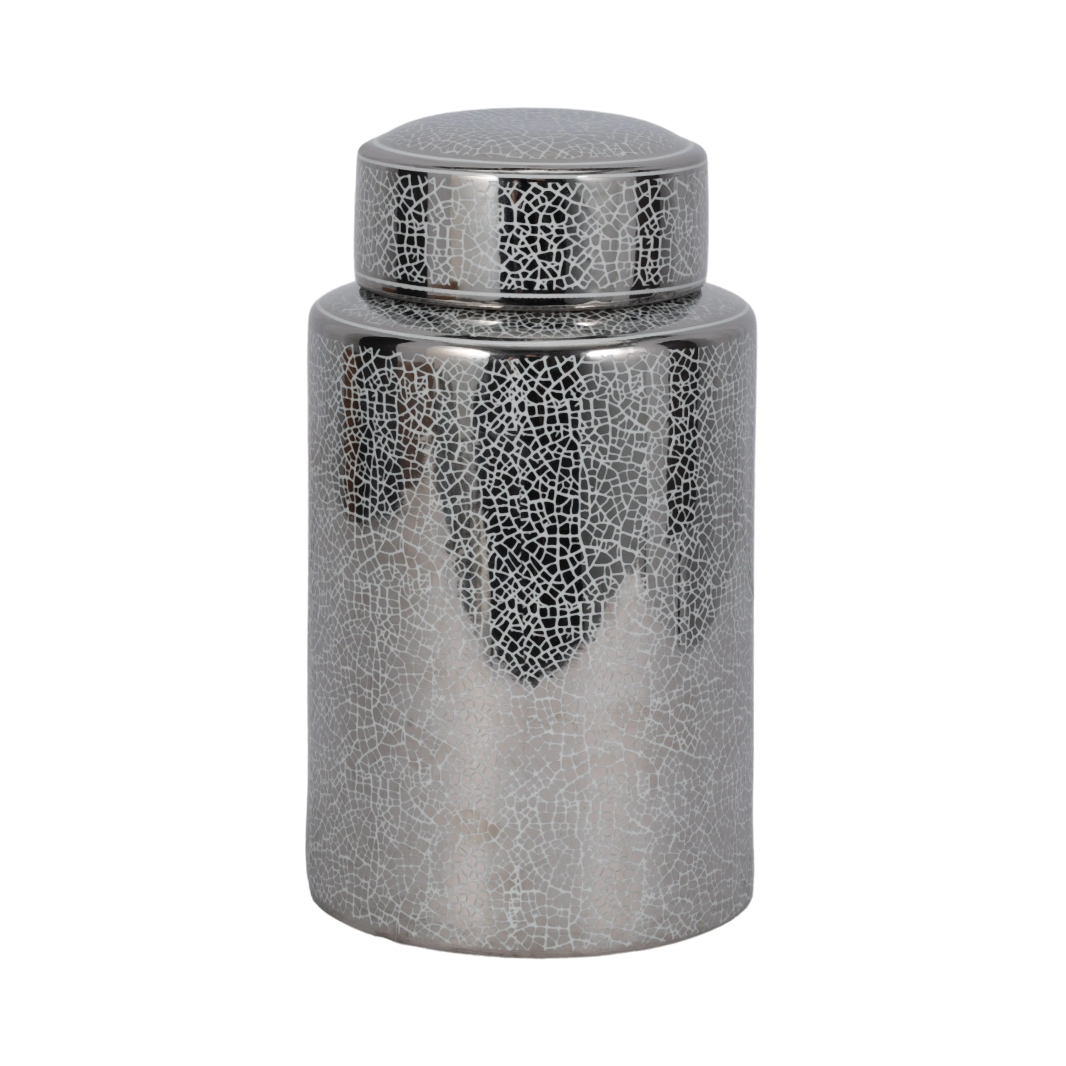 CERAMIC 12" JAR, CRACKLE SILVER