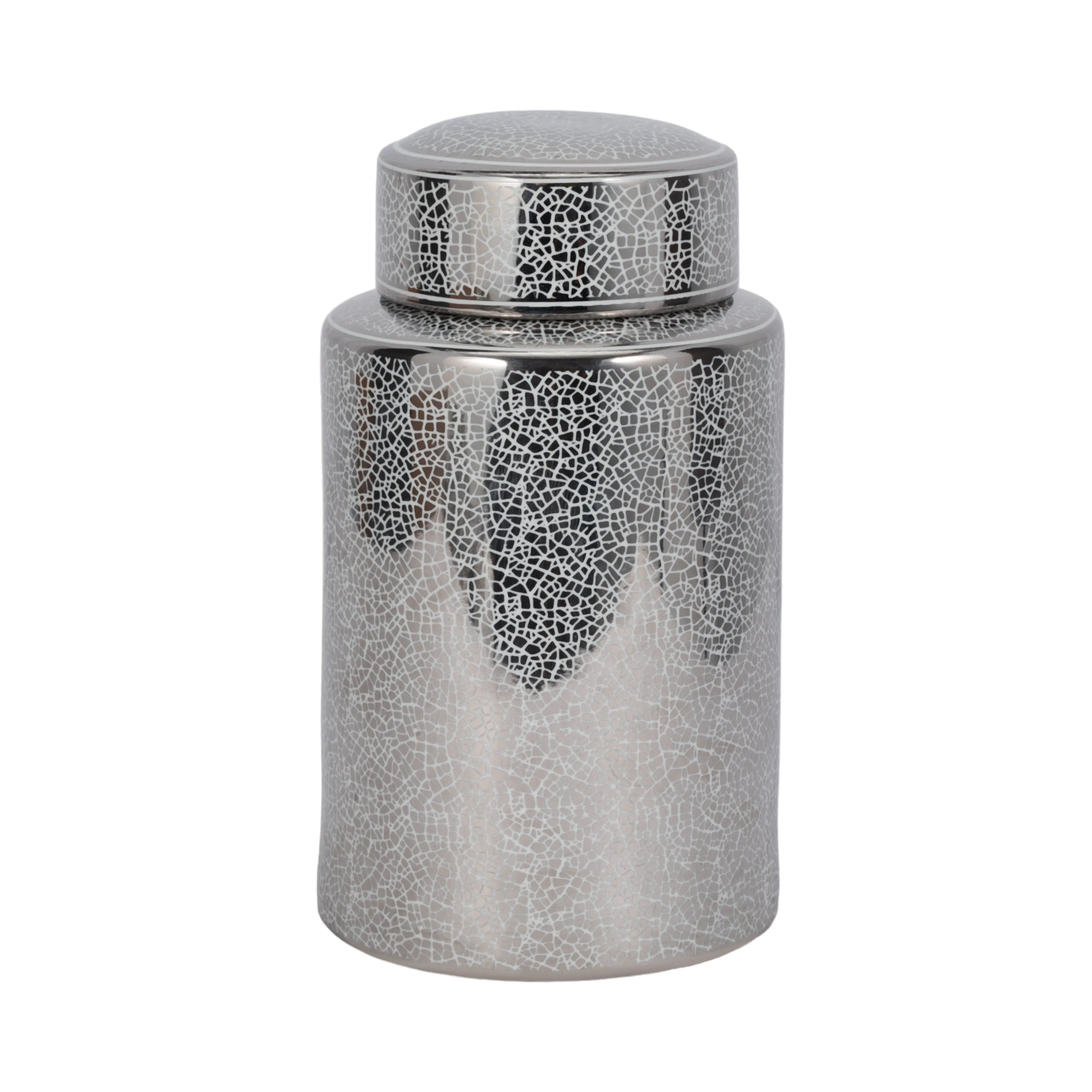 CERAMIC 12" JAR, CRACKLE SILVER