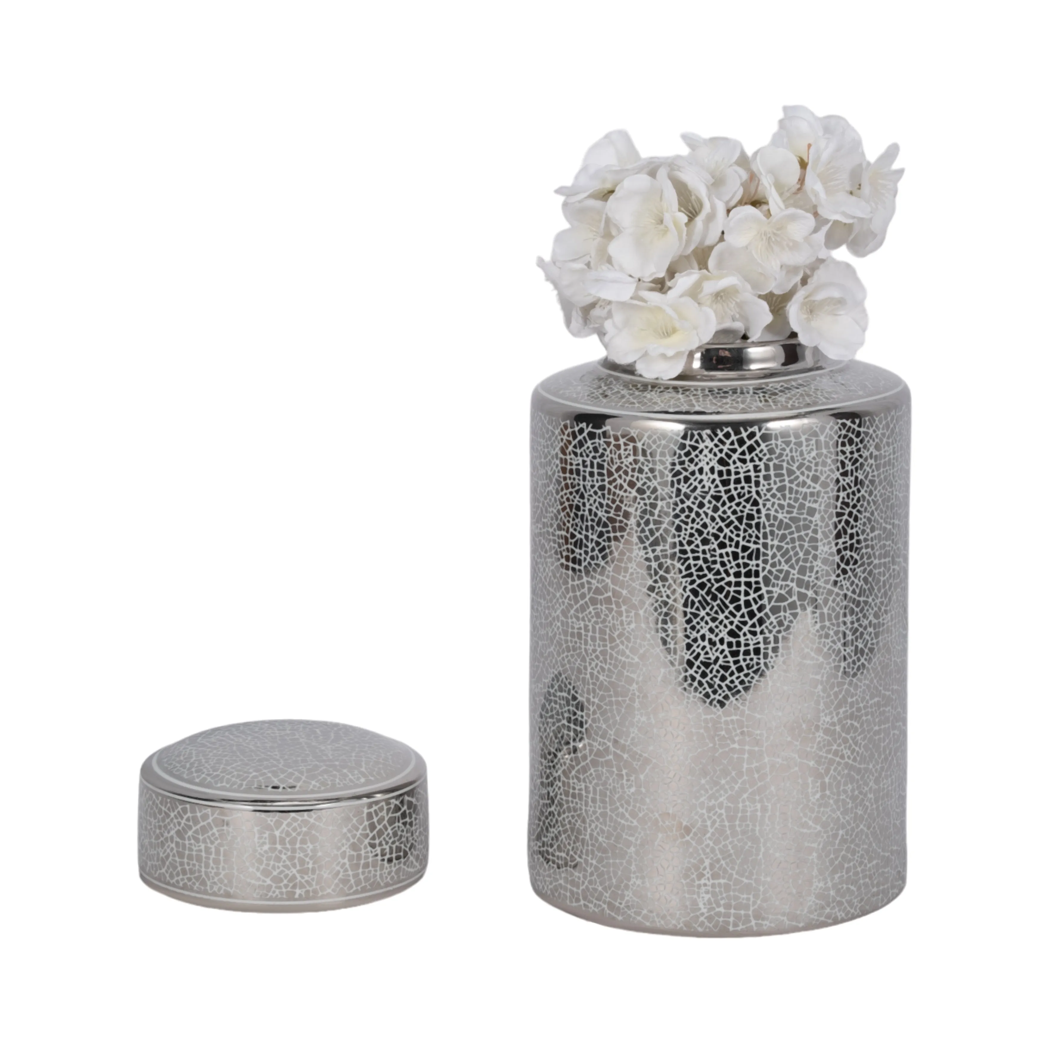 CERAMIC 12" JAR, CRACKLE SILVER