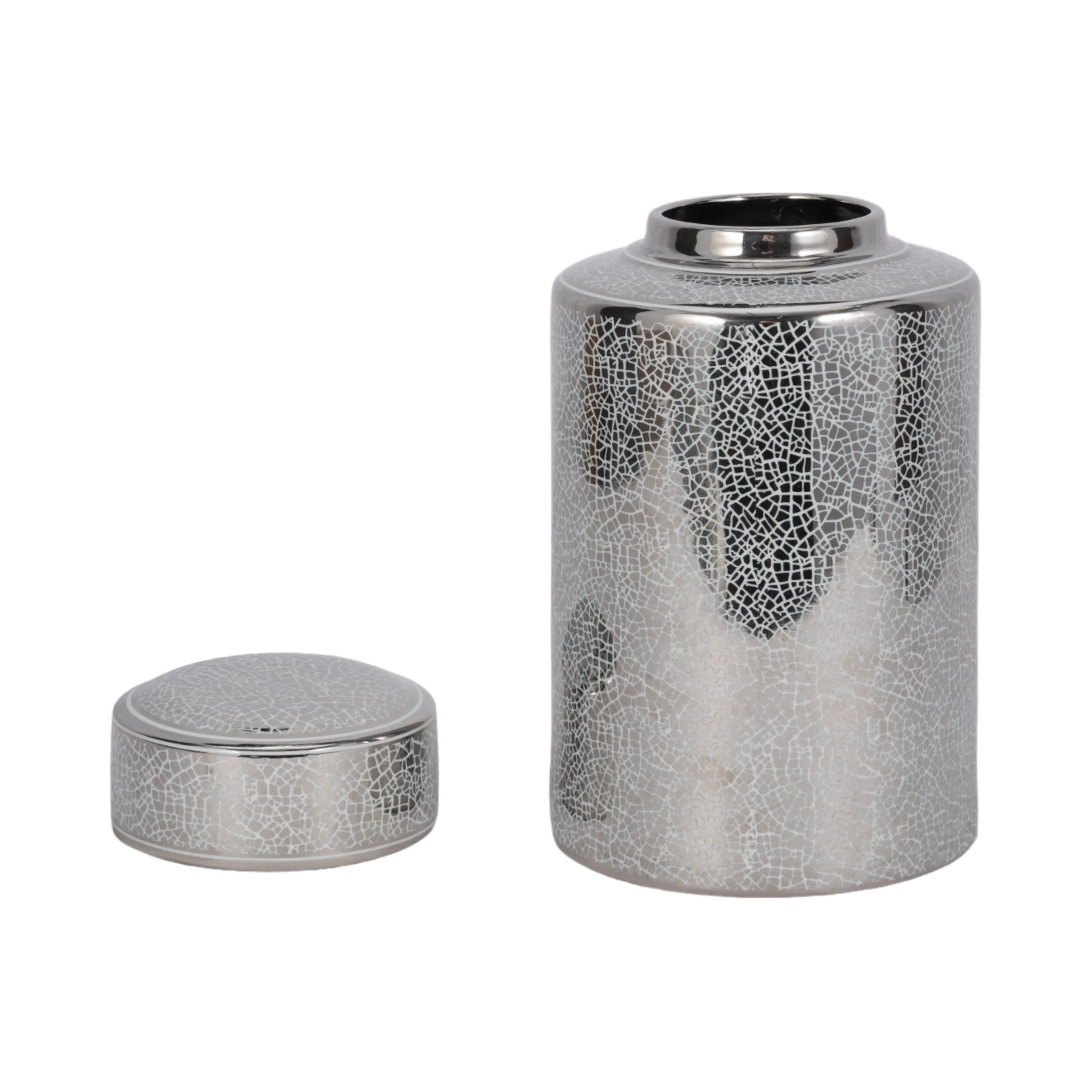 CERAMIC 12" JAR, CRACKLE SILVER
