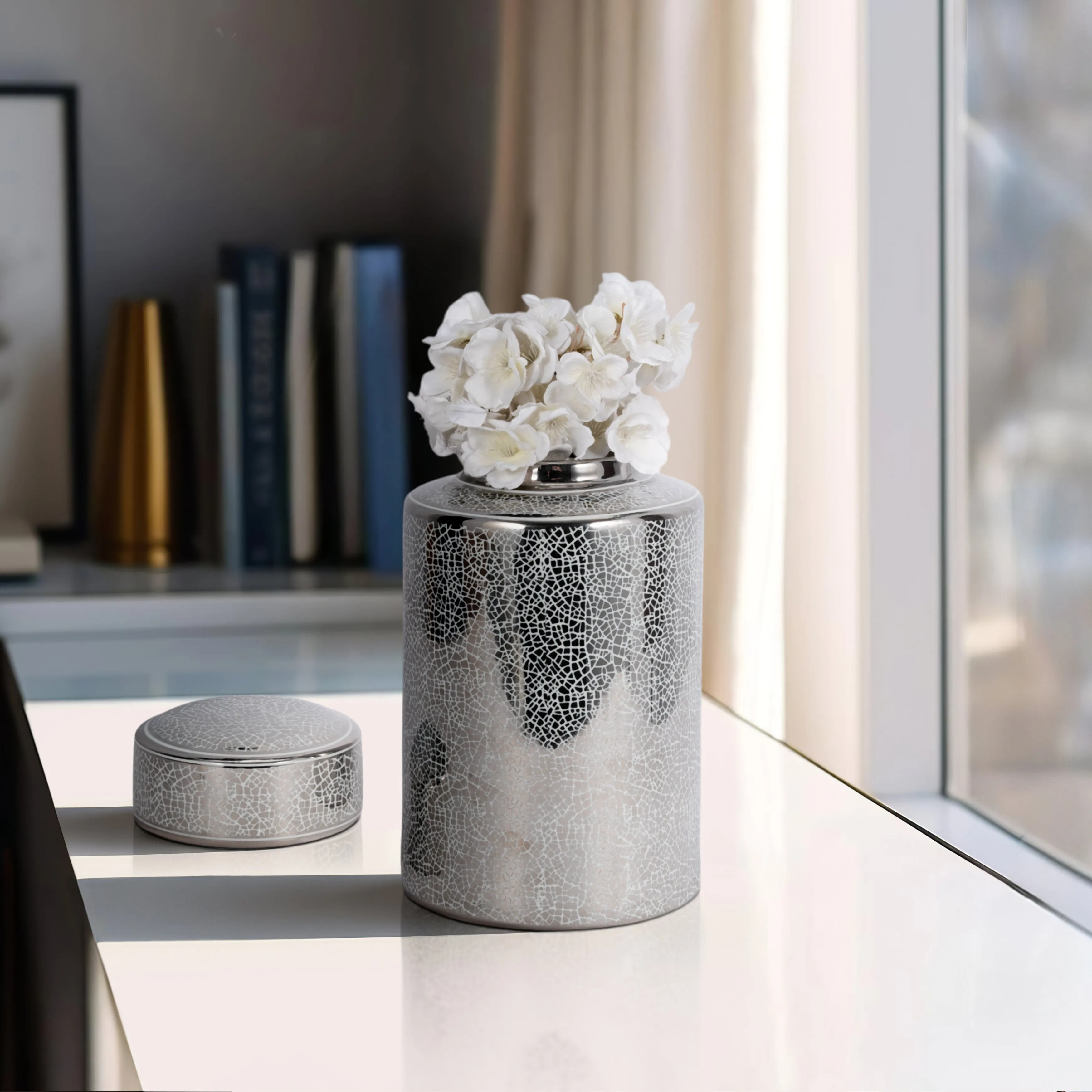 CERAMIC 12" JAR, CRACKLE SILVER