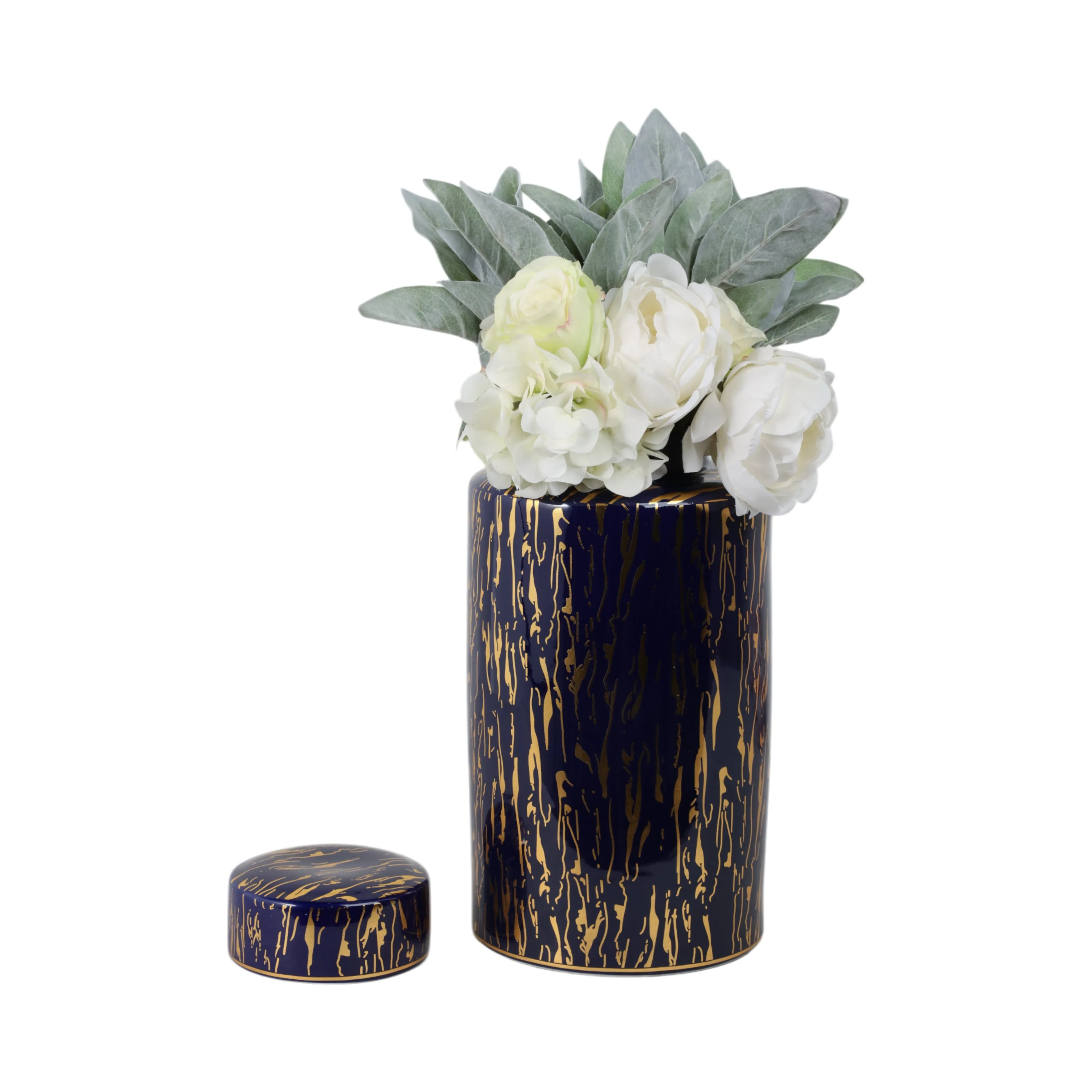 CERAMIC 16"H JAR, BLUE/GOLD