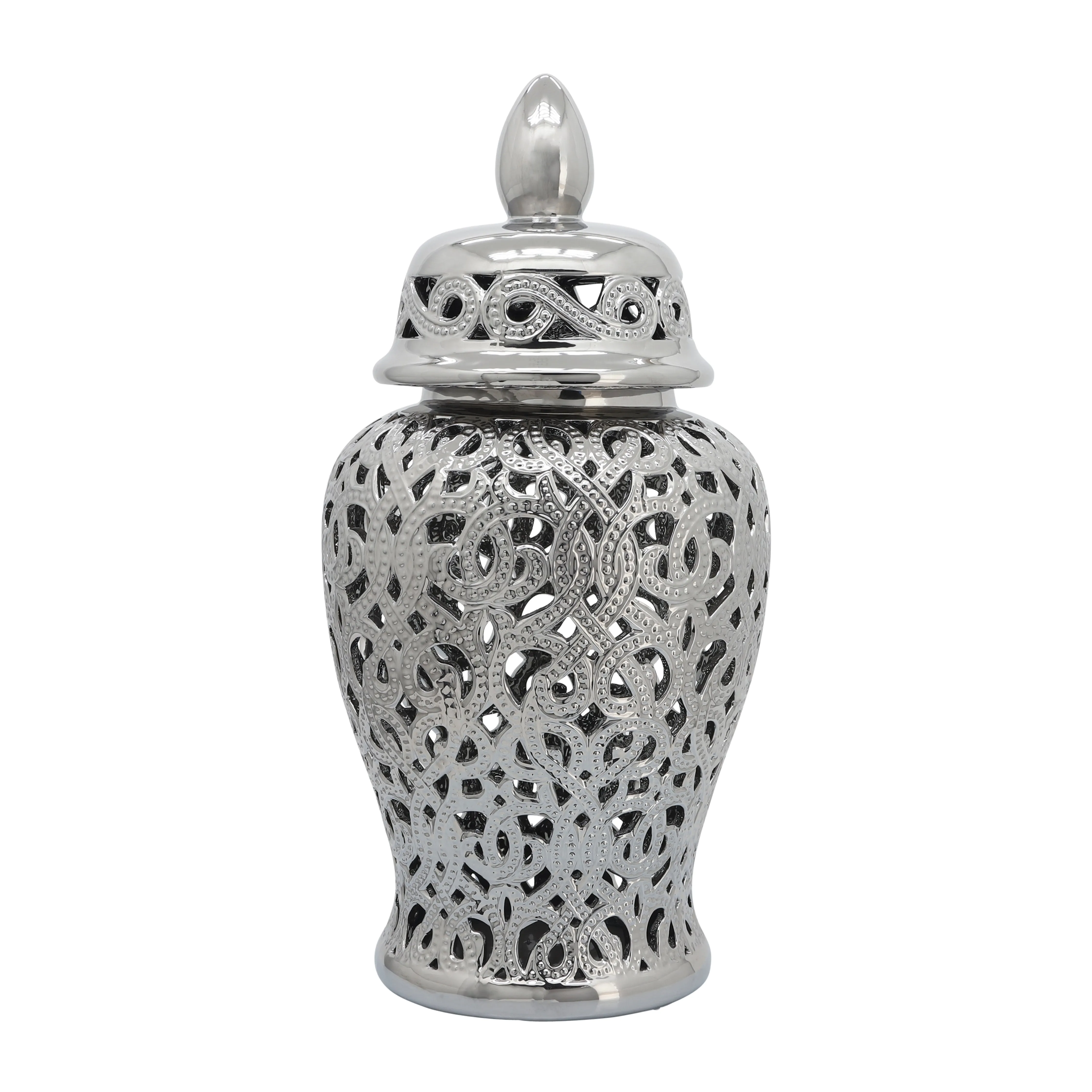 CERAMIC 24" CUT-OUT TEMPLE JAR, SHINY SILVER