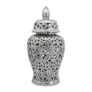 CERAMIC 24" CUT-OUT TEMPLE JAR, SHINY SILVER