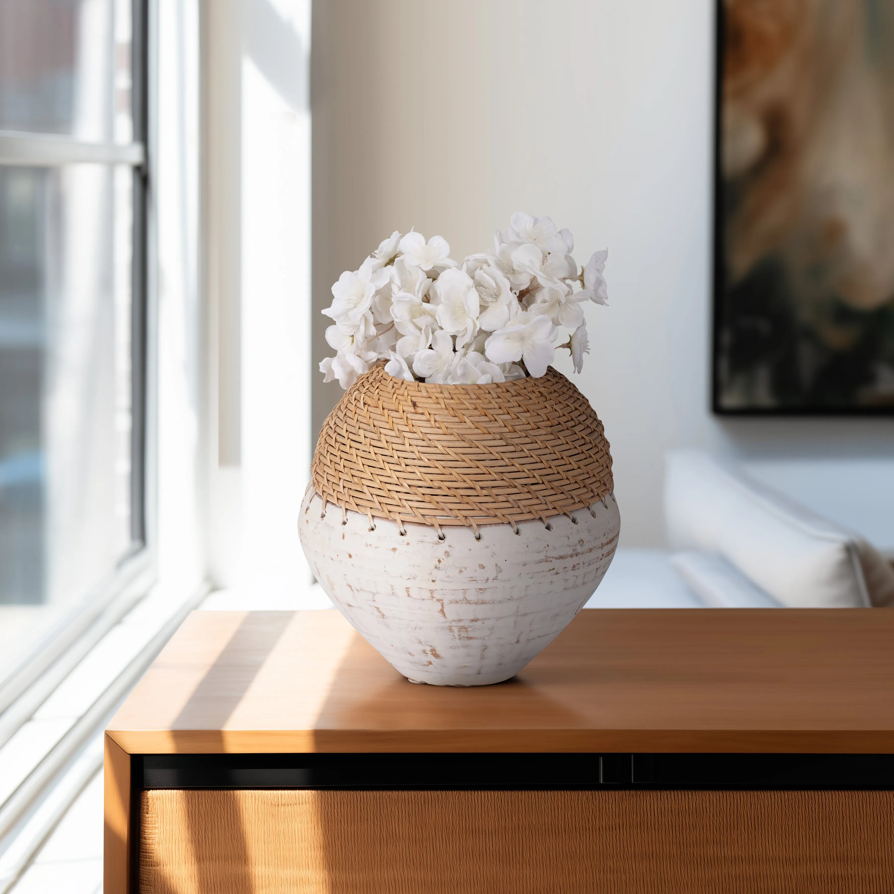 CLAY, 9" VASE WITH WOVEN TOP, WHITE/NATURAL