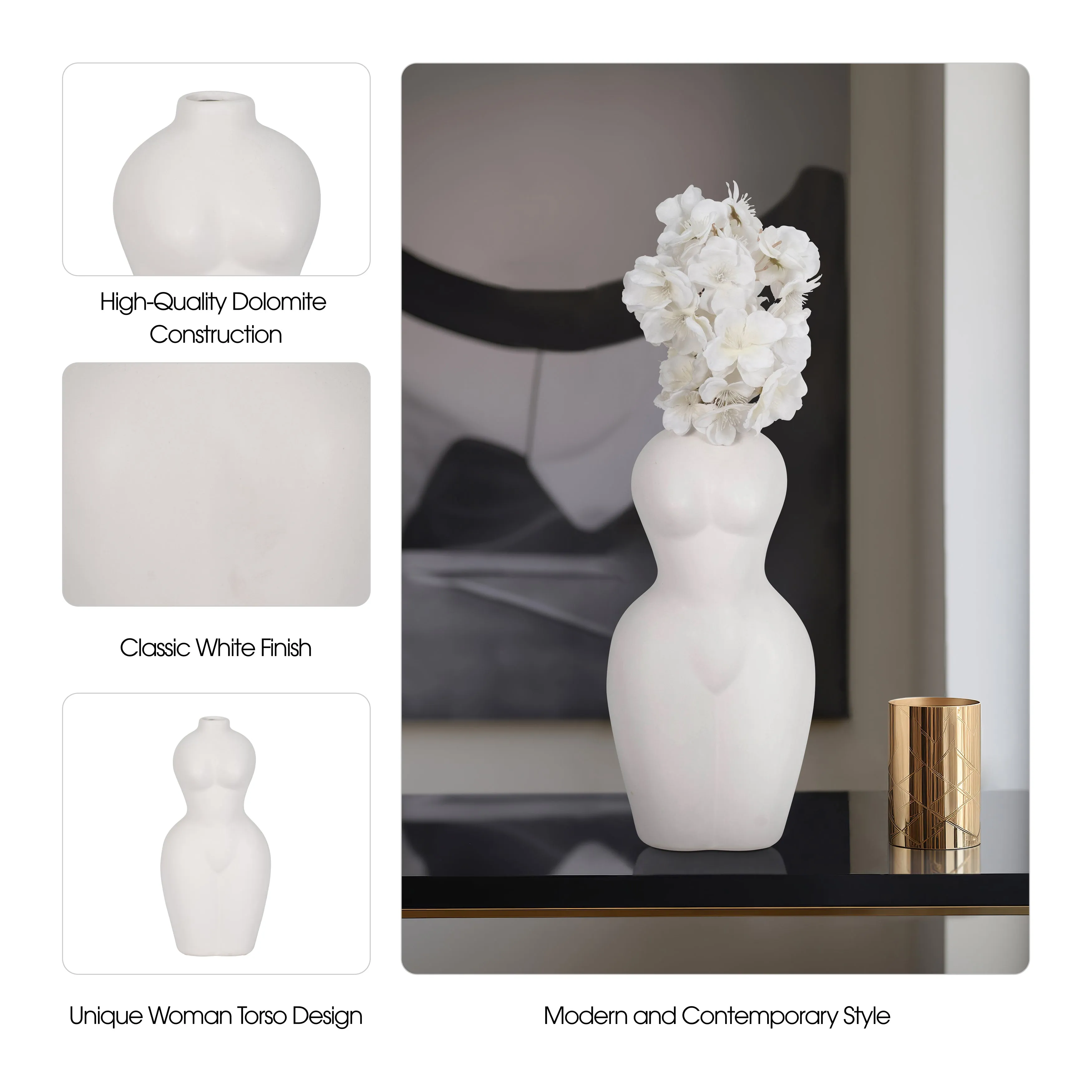 DOL, 12"H TORSO VASE, WHITE