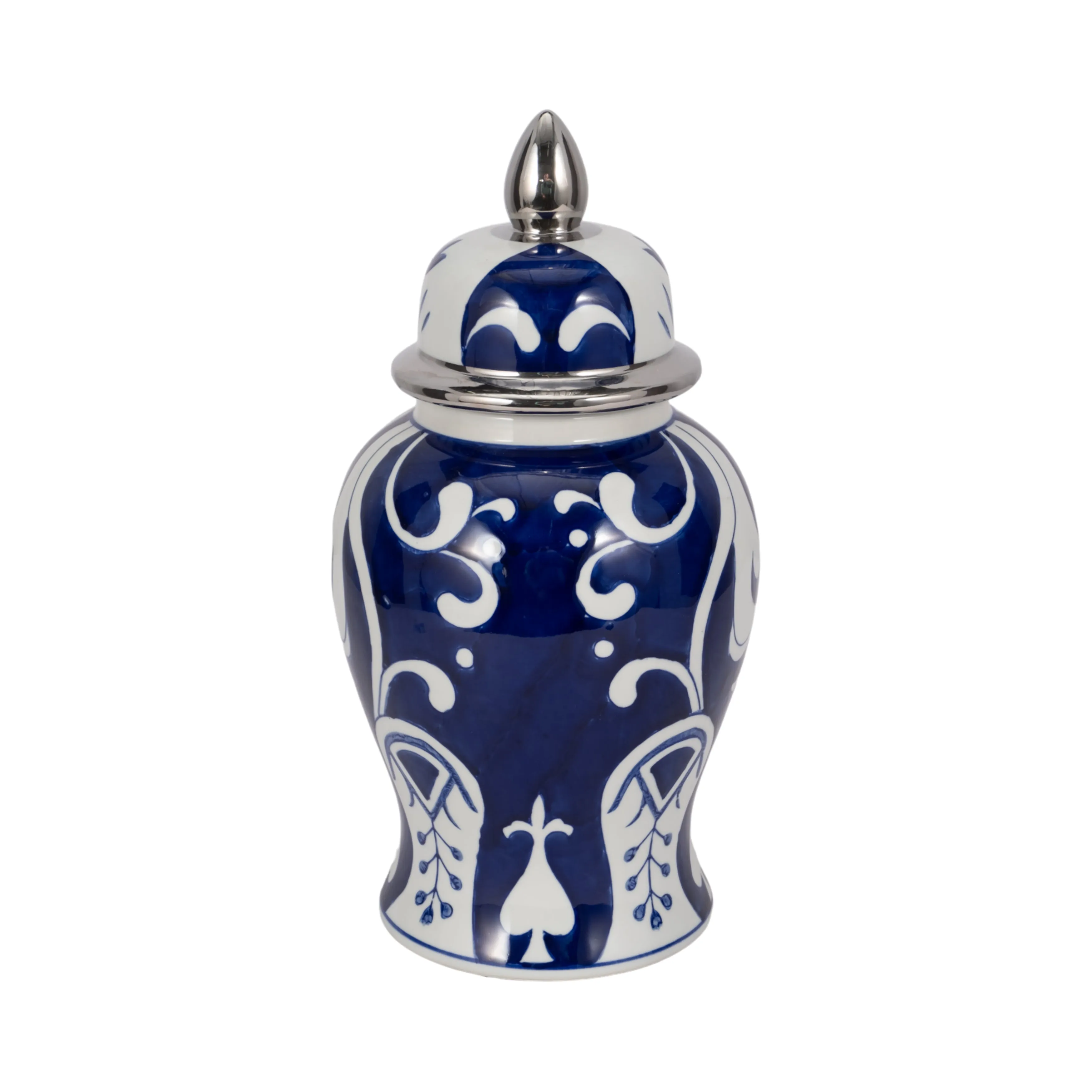 EC CER,14" WHITE/BLUE TEMPLE JAR, SILVER
