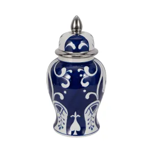 EC CER,14" WHITE/BLUE TEMPLE JAR, SILVER