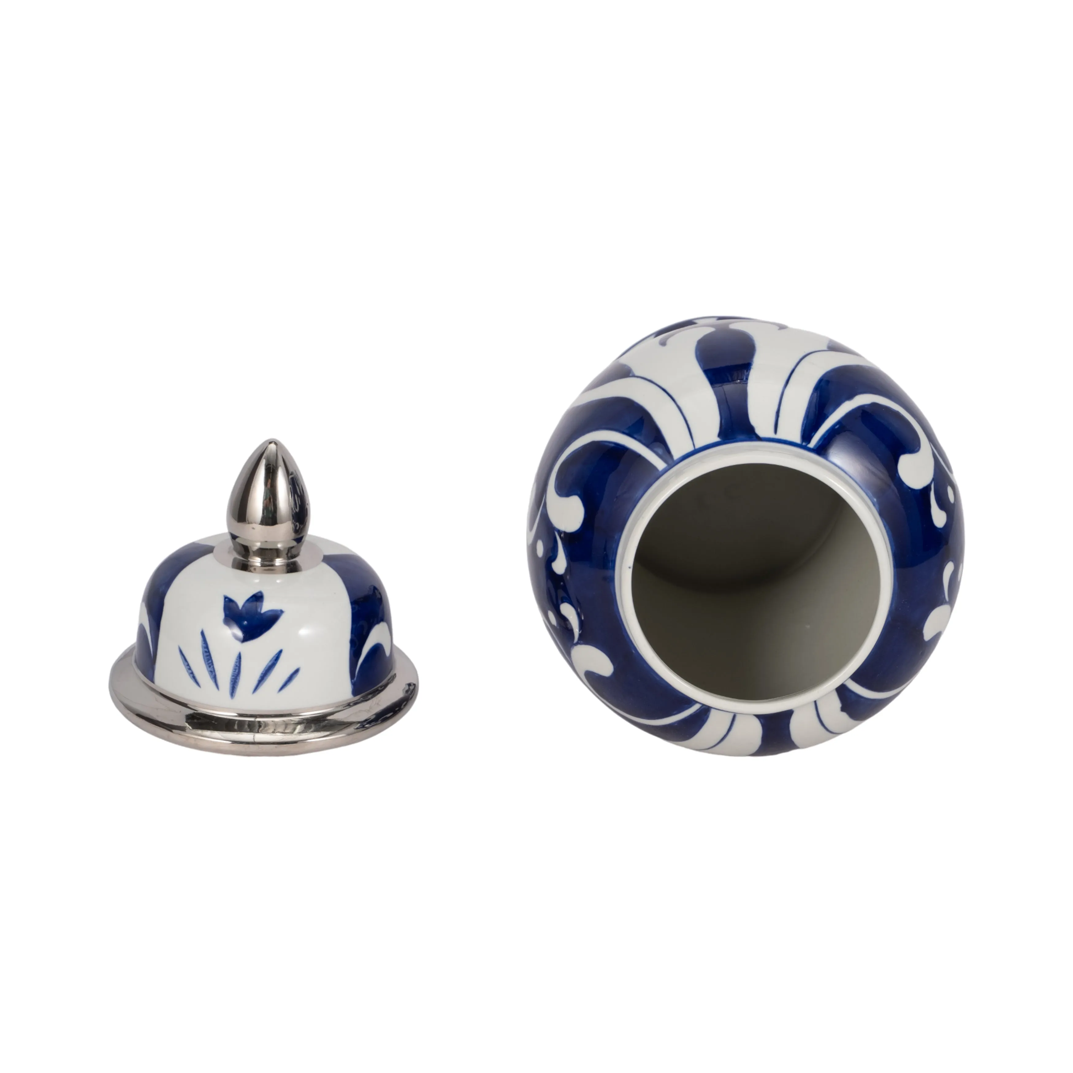 EC CER,14" WHITE/BLUE TEMPLE JAR, SILVER