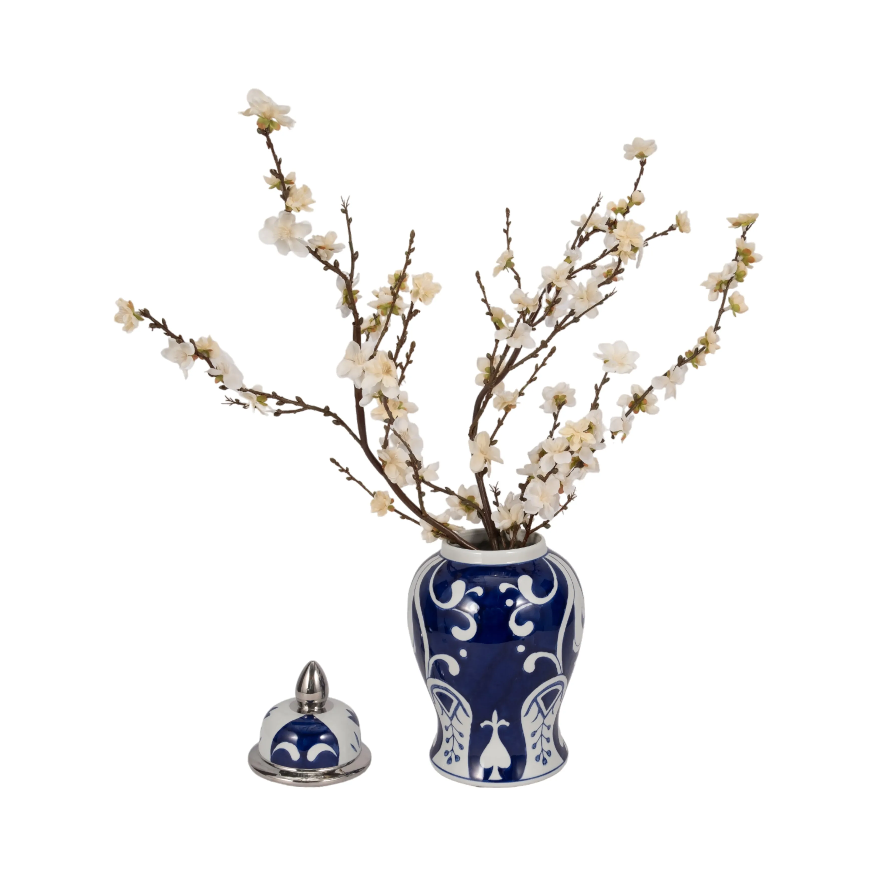 EC CER,14" WHITE/BLUE TEMPLE JAR, SILVER
