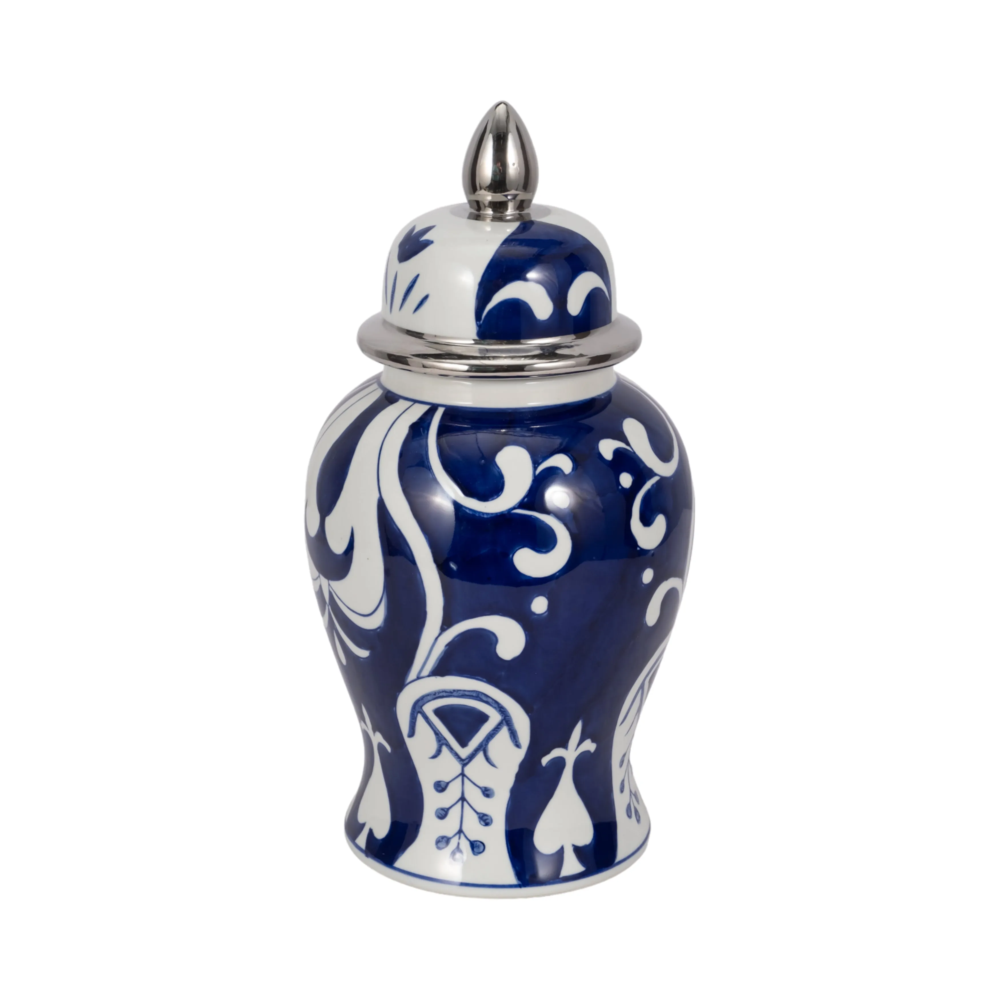 EC CER,14" WHITE/BLUE TEMPLE JAR, SILVER