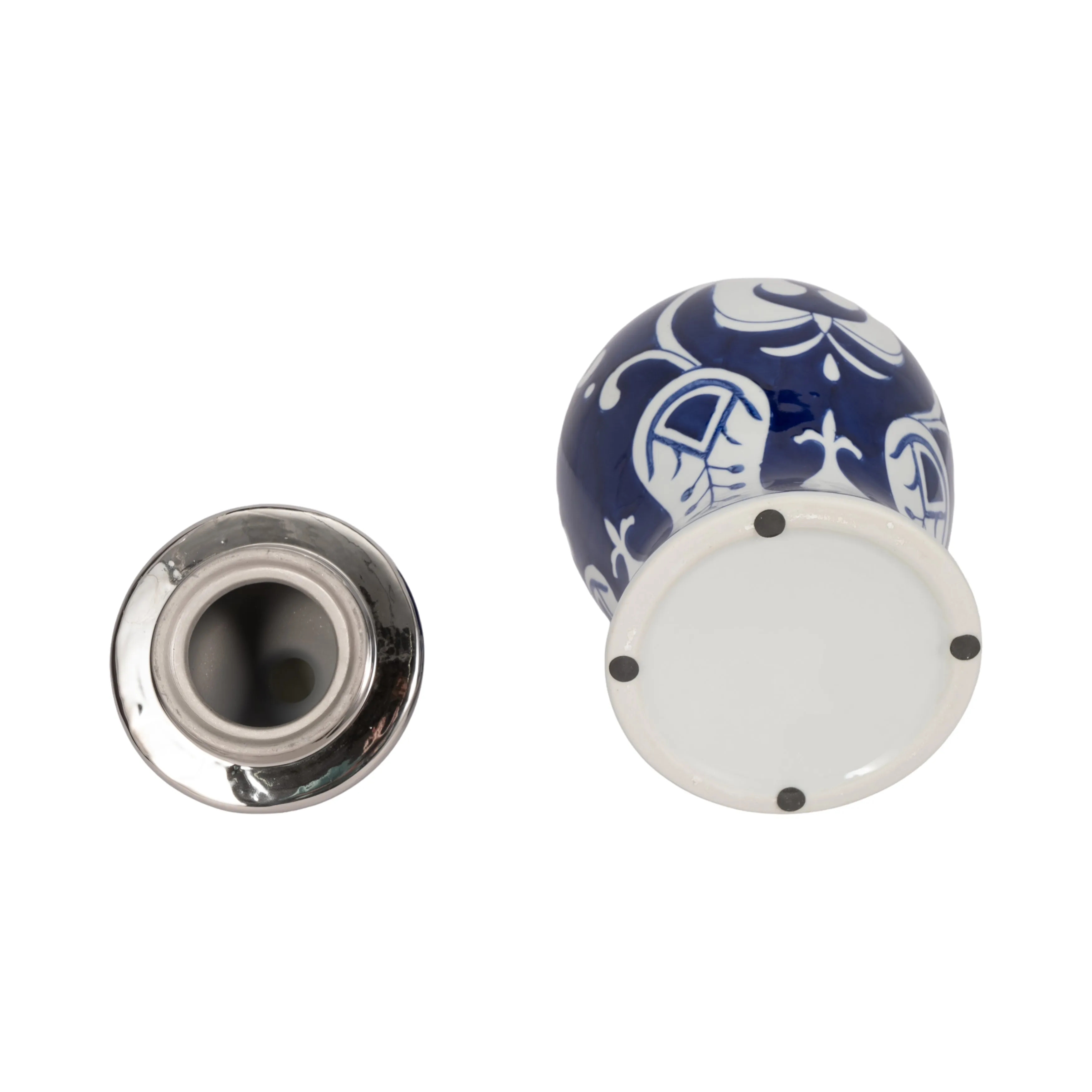 EC CER,14" WHITE/BLUE TEMPLE JAR, SILVER