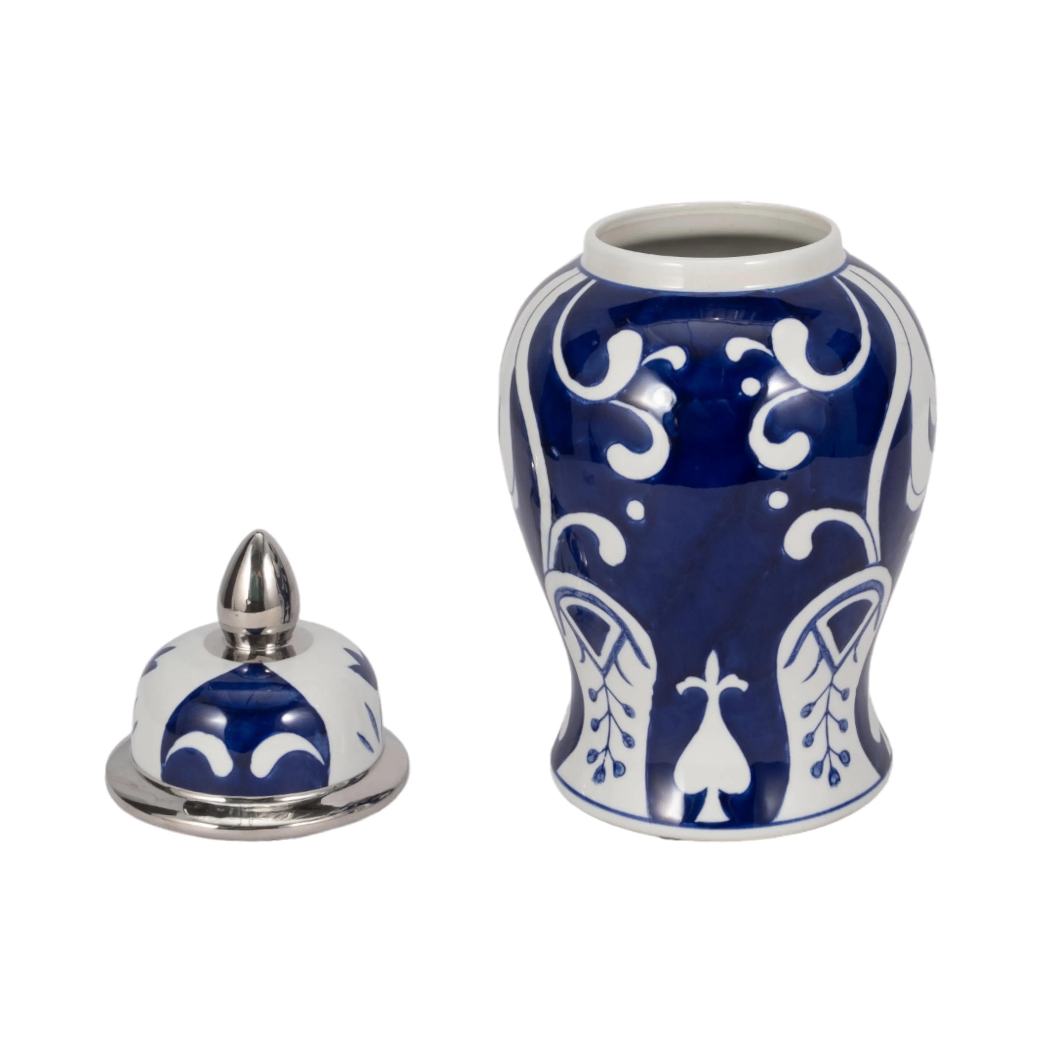 EC CER,14" WHITE/BLUE TEMPLE JAR, SILVER