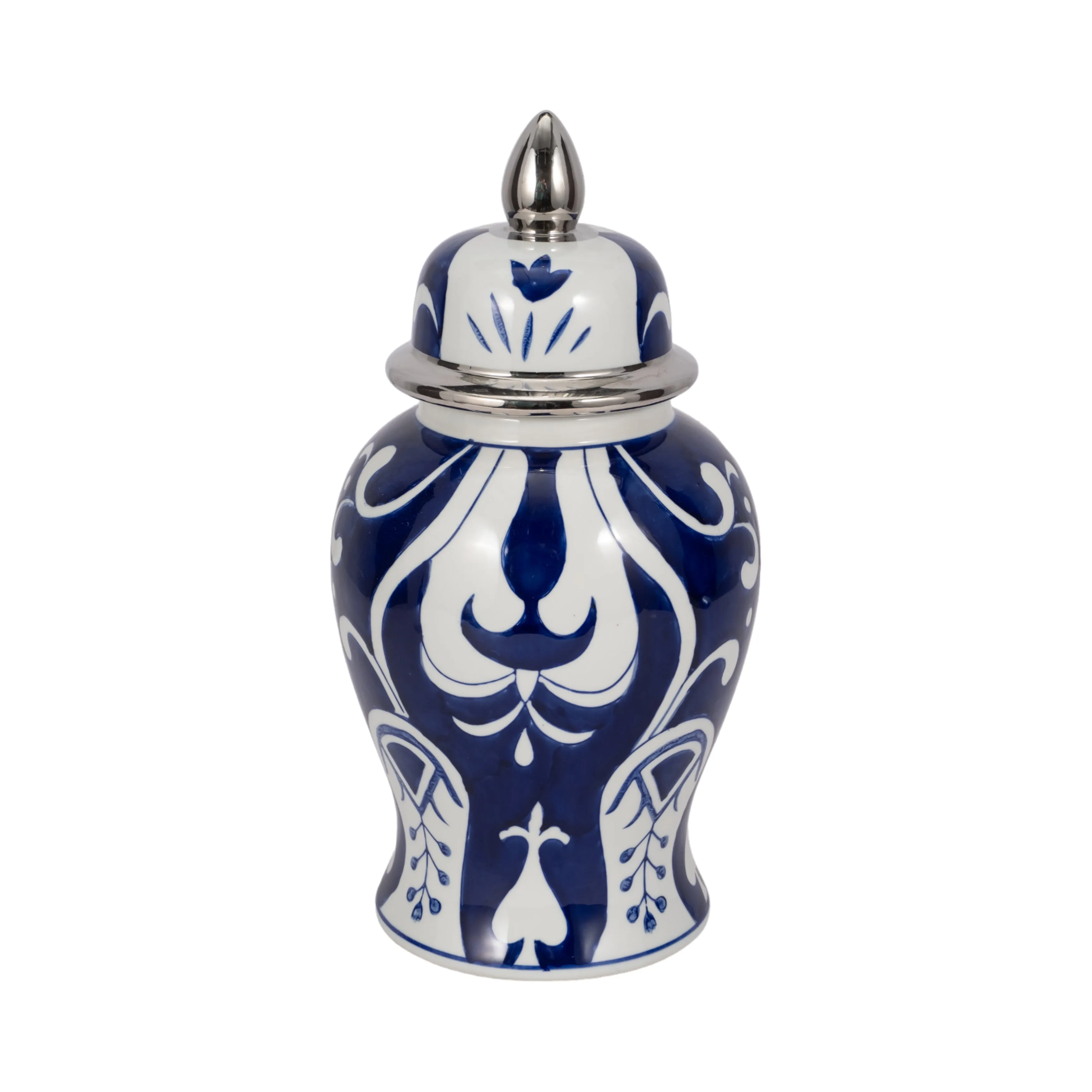 EC CER,14" WHITE/BLUE TEMPLE JAR, SILVER
