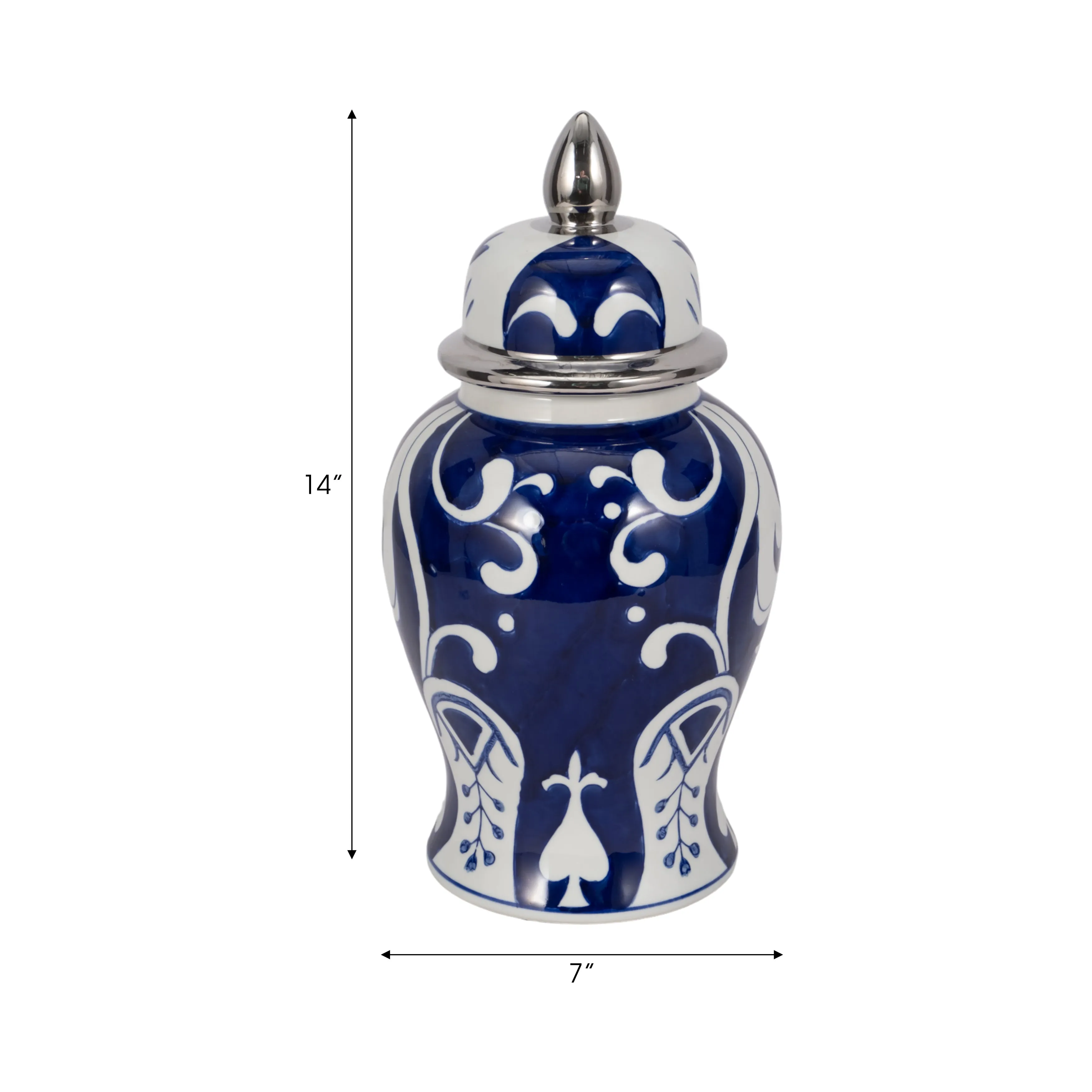 EC CER,14" WHITE/BLUE TEMPLE JAR, SILVER