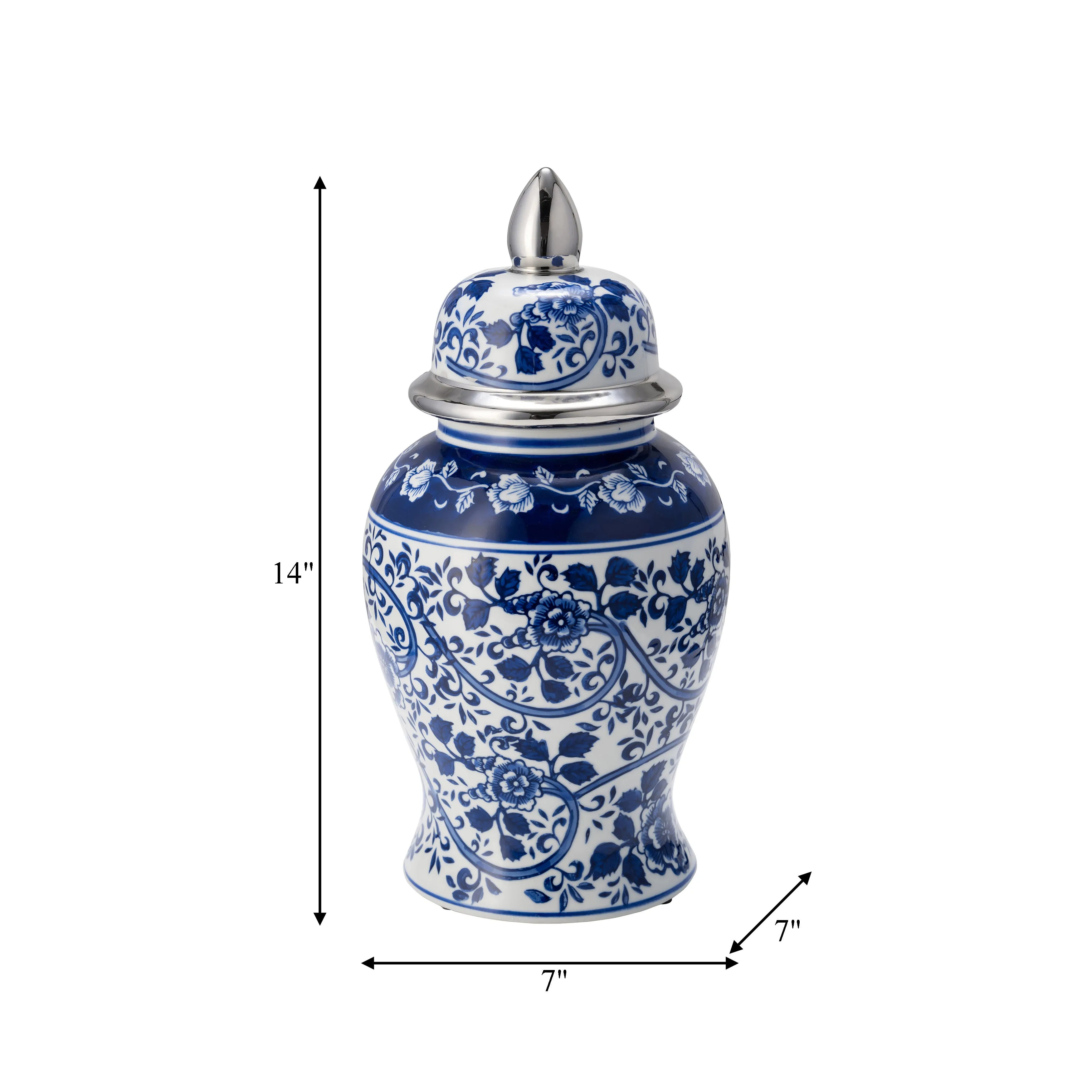 EC CER,14"BLUE/WHITE TEMPLE JAR, SILVER