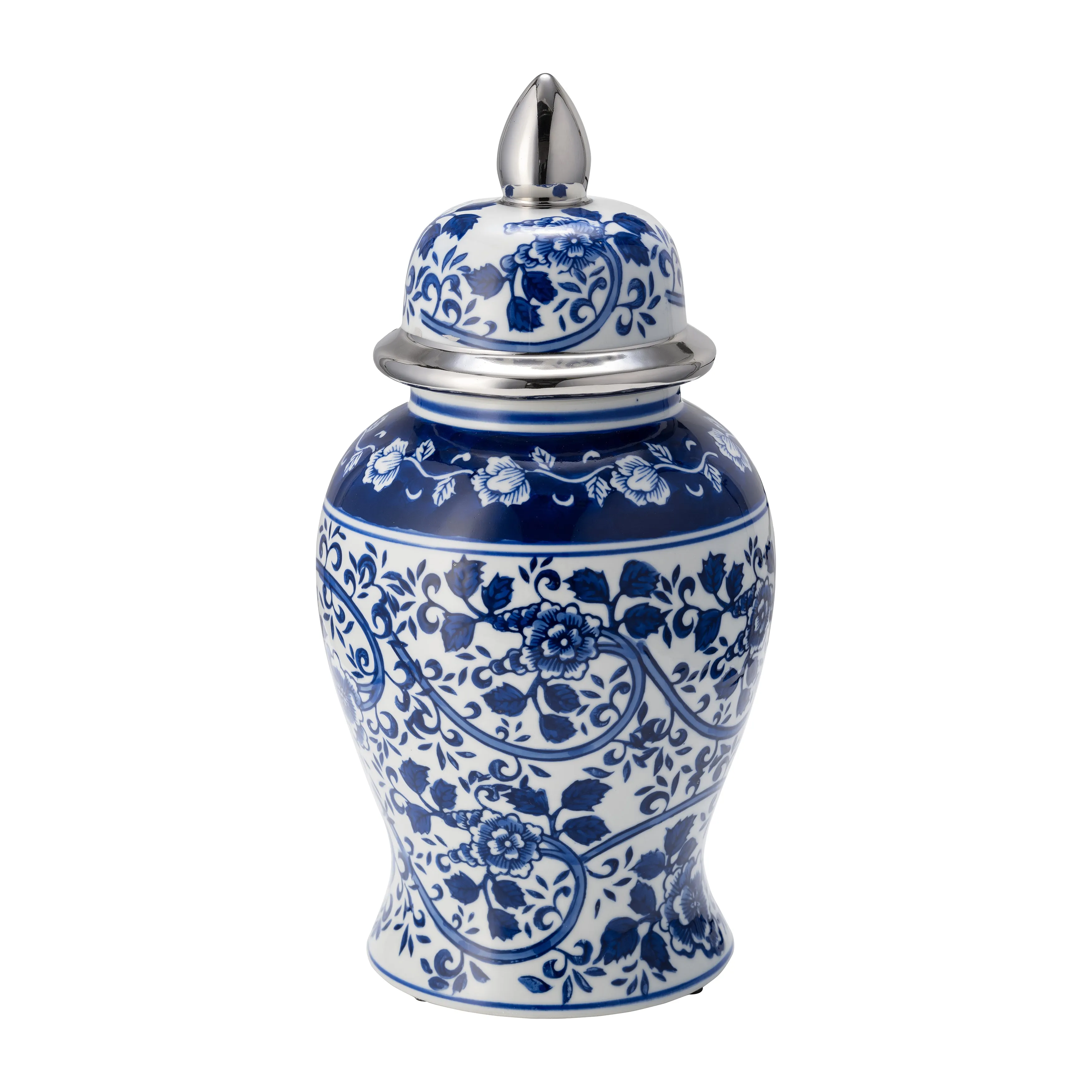 EC CER,14"BLUE/WHITE TEMPLE JAR, SILVER