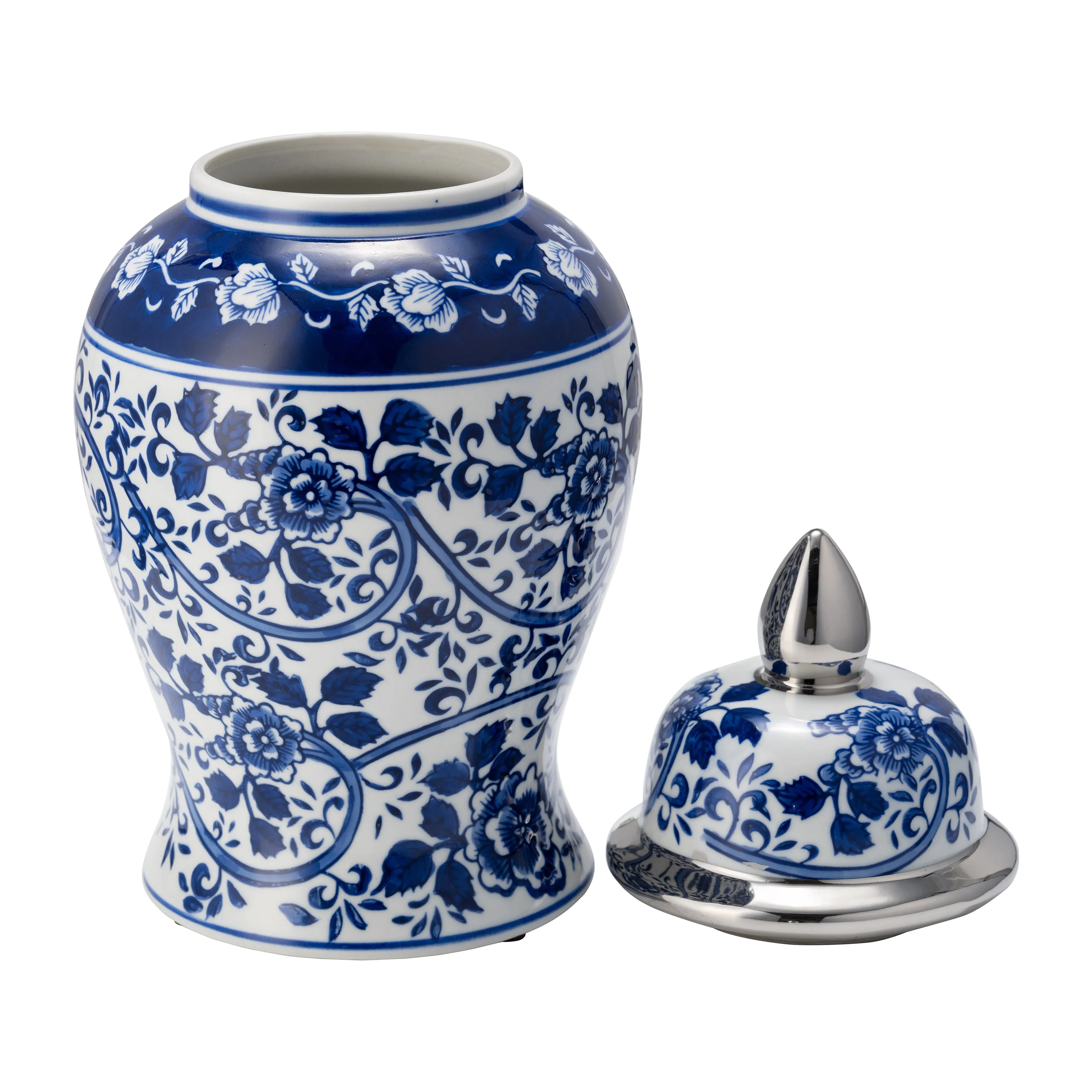 EC CER,14"BLUE/WHITE TEMPLE JAR, SILVER