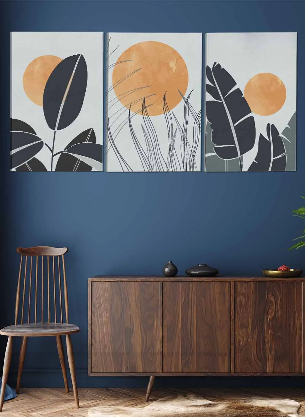 Floral Plant And Circle Abstract Paintings(set of 3)