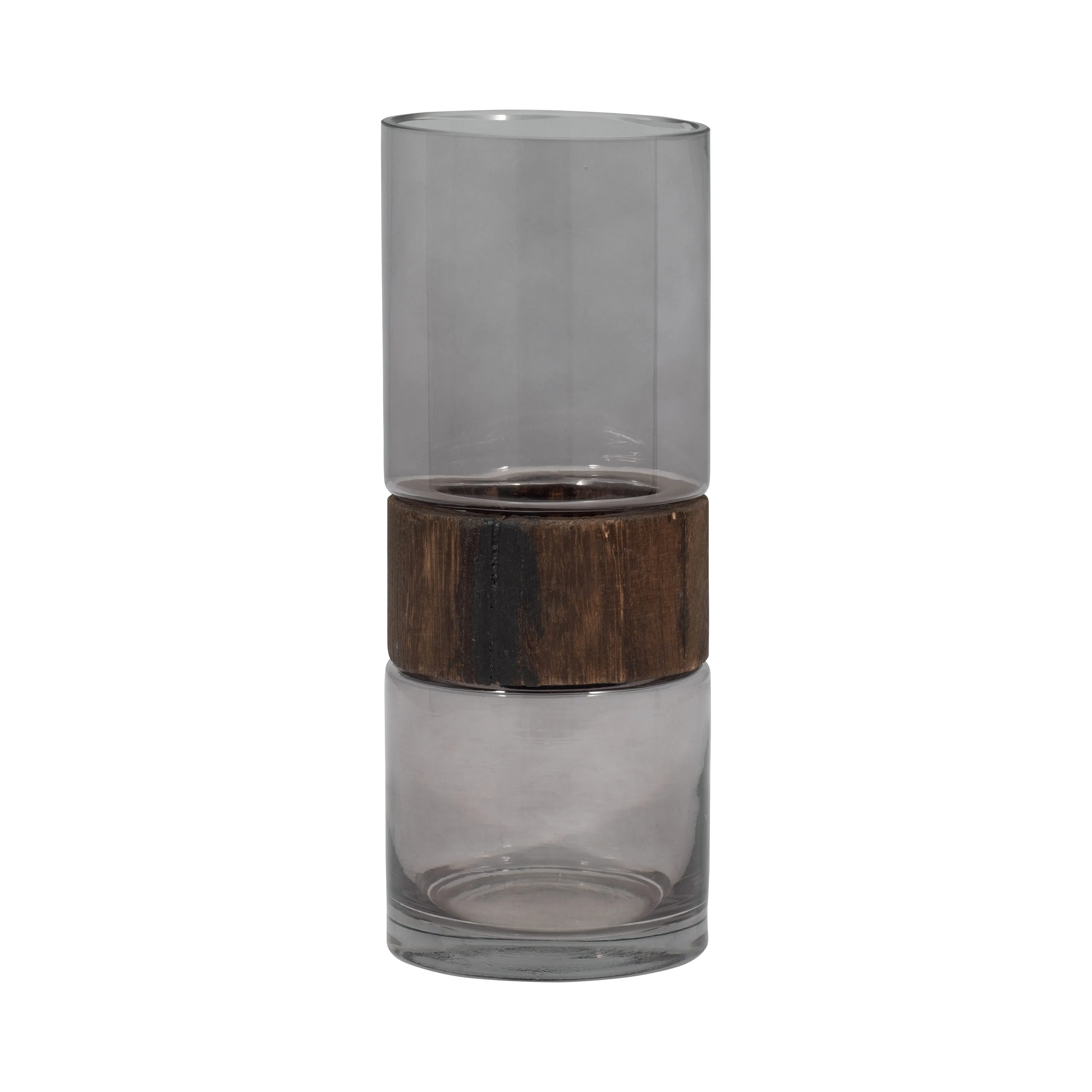 GLASS, 10" CYLINDER VASE W/ WOOD BAND, CLEAR