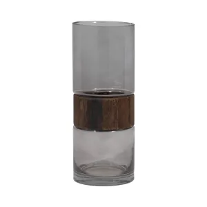 GLASS, 10" CYLINDER VASE W/ WOOD BAND, CLEAR