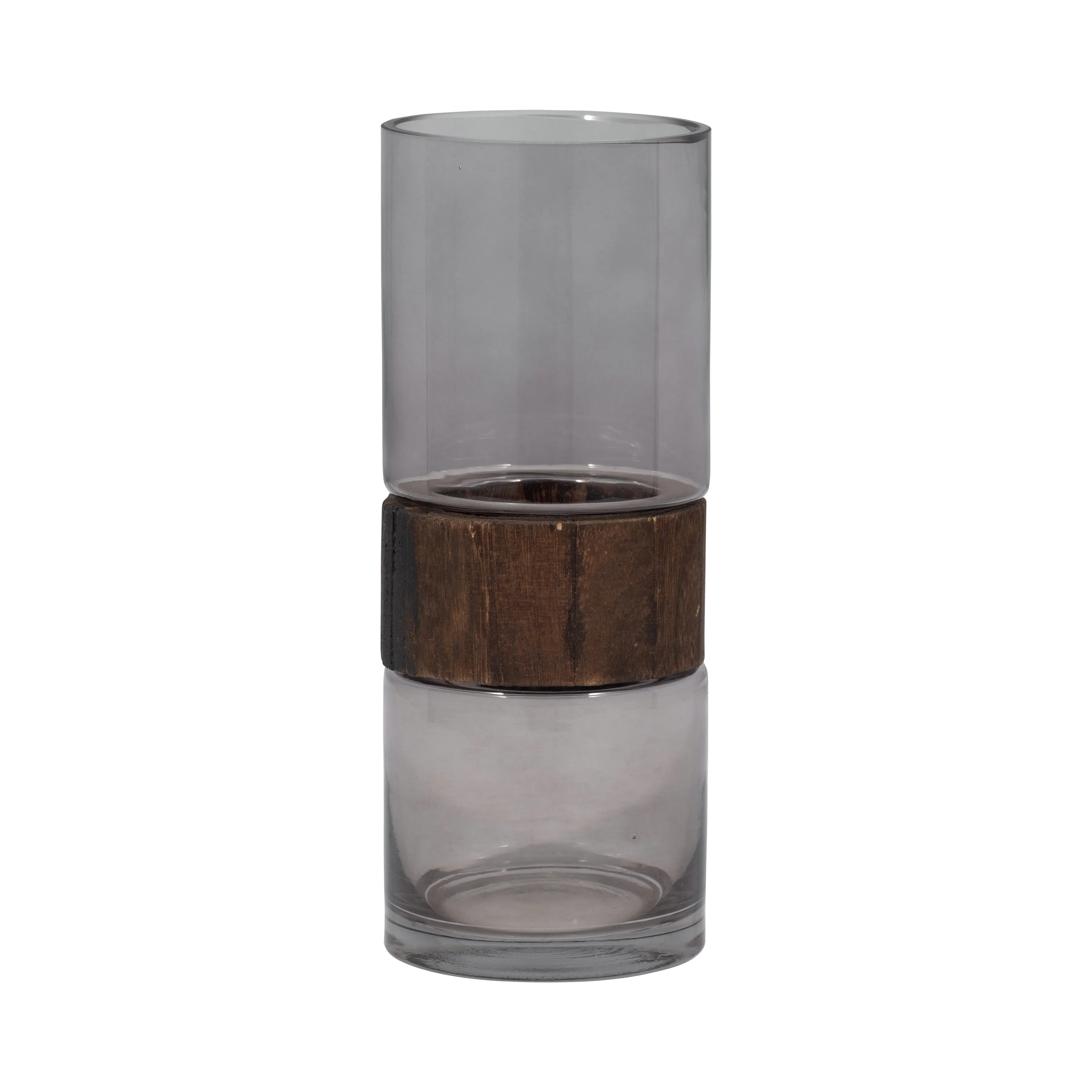 GLASS, 10" CYLINDER VASE W/ WOOD BAND, CLEAR