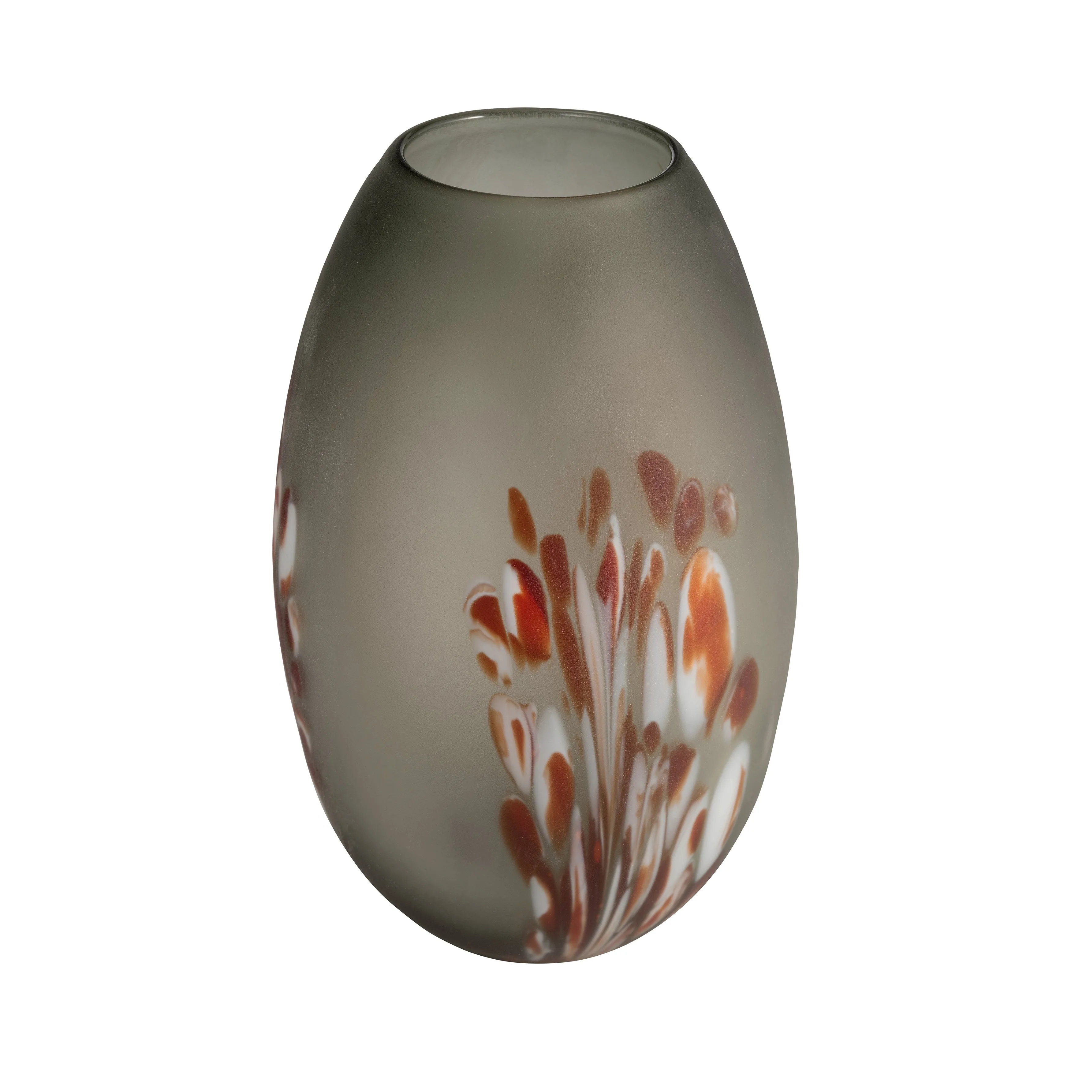 GLASS, 12''H, FROSTED VASE WITH RED DETAIL-GRAY
