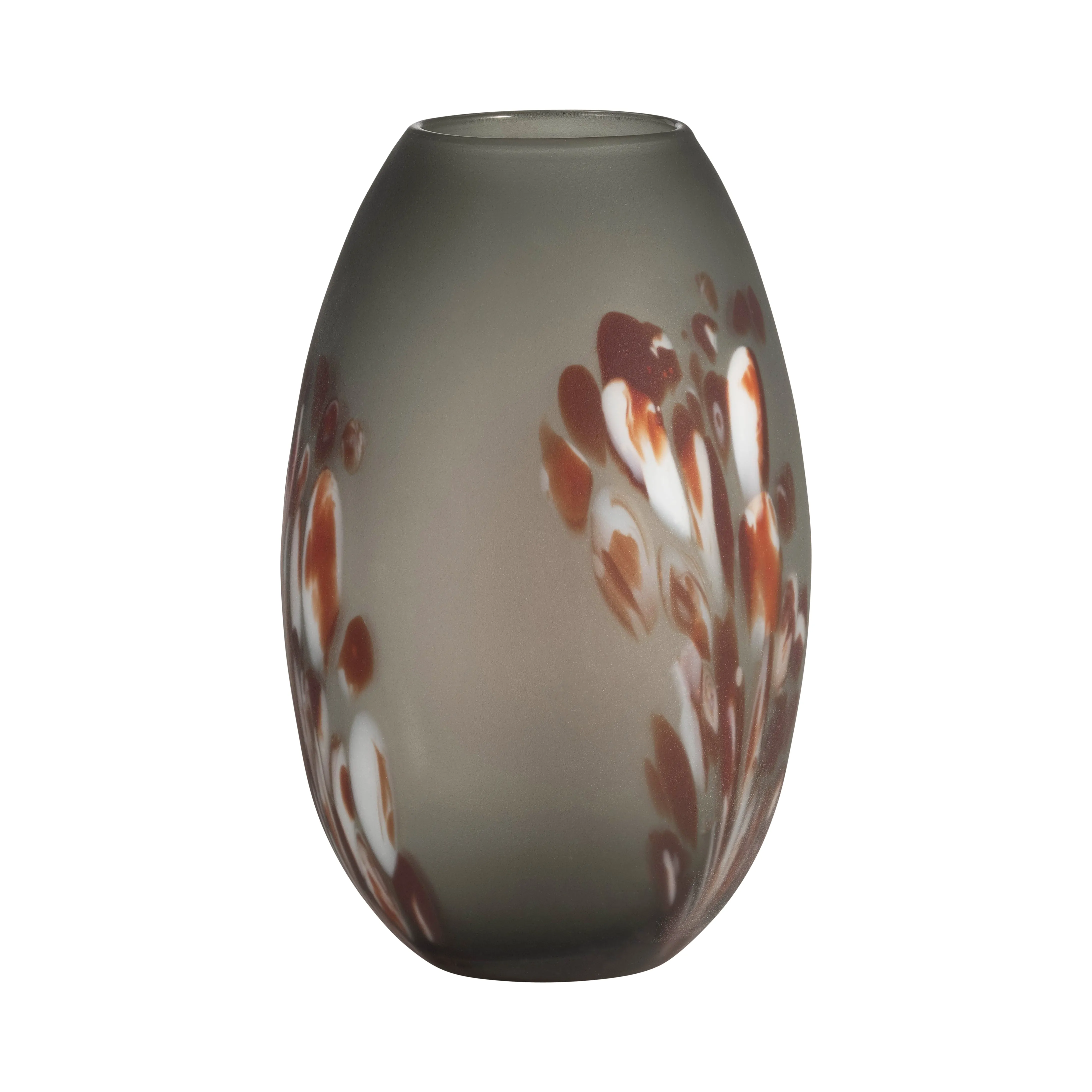 GLASS, 12''H, FROSTED VASE WITH RED DETAIL-GRAY