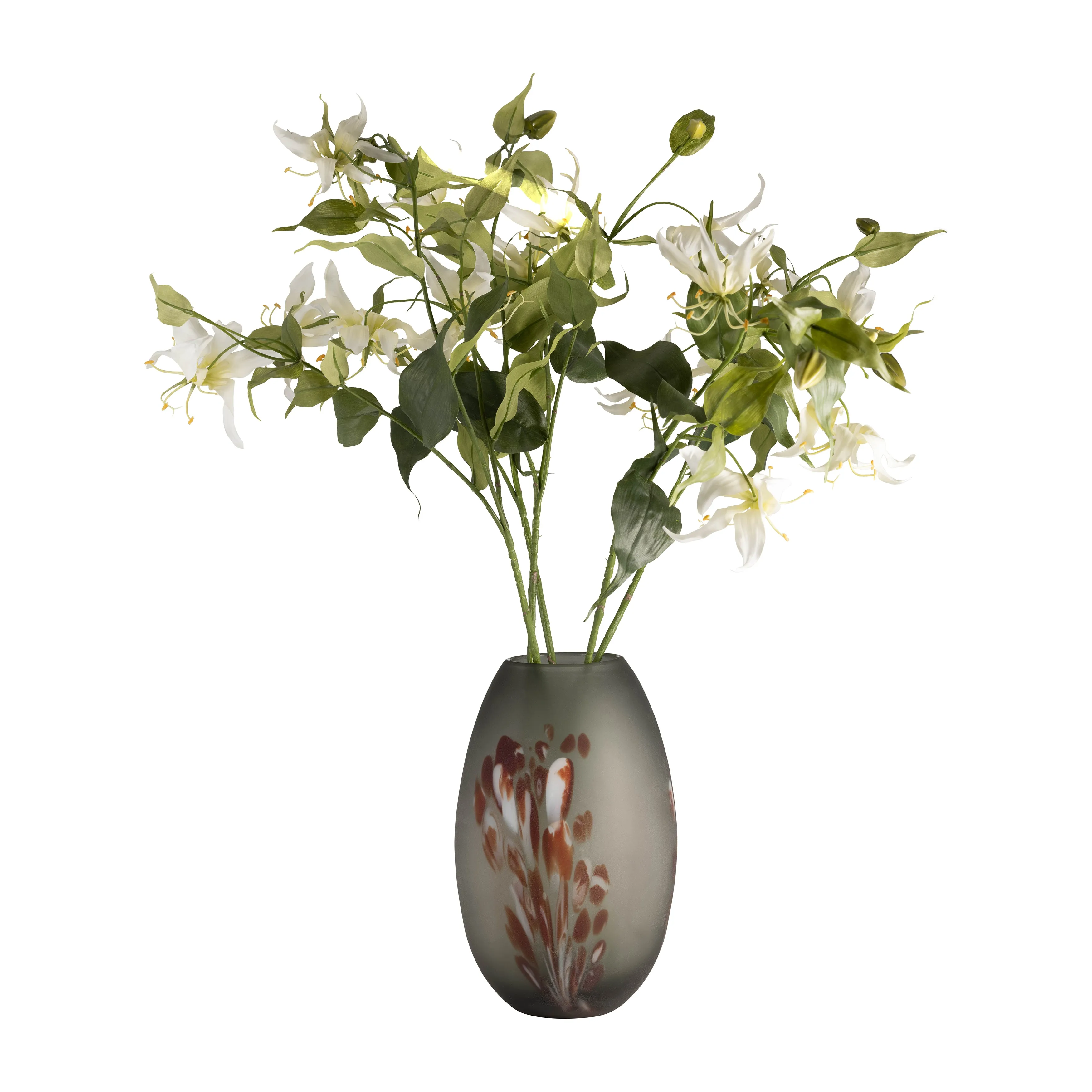 GLASS, 12''H, FROSTED VASE WITH RED DETAIL-GRAY