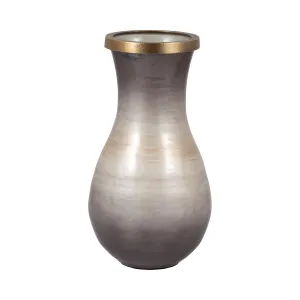 GLASS, 13" VASE WITH METAL RIM, MULTI