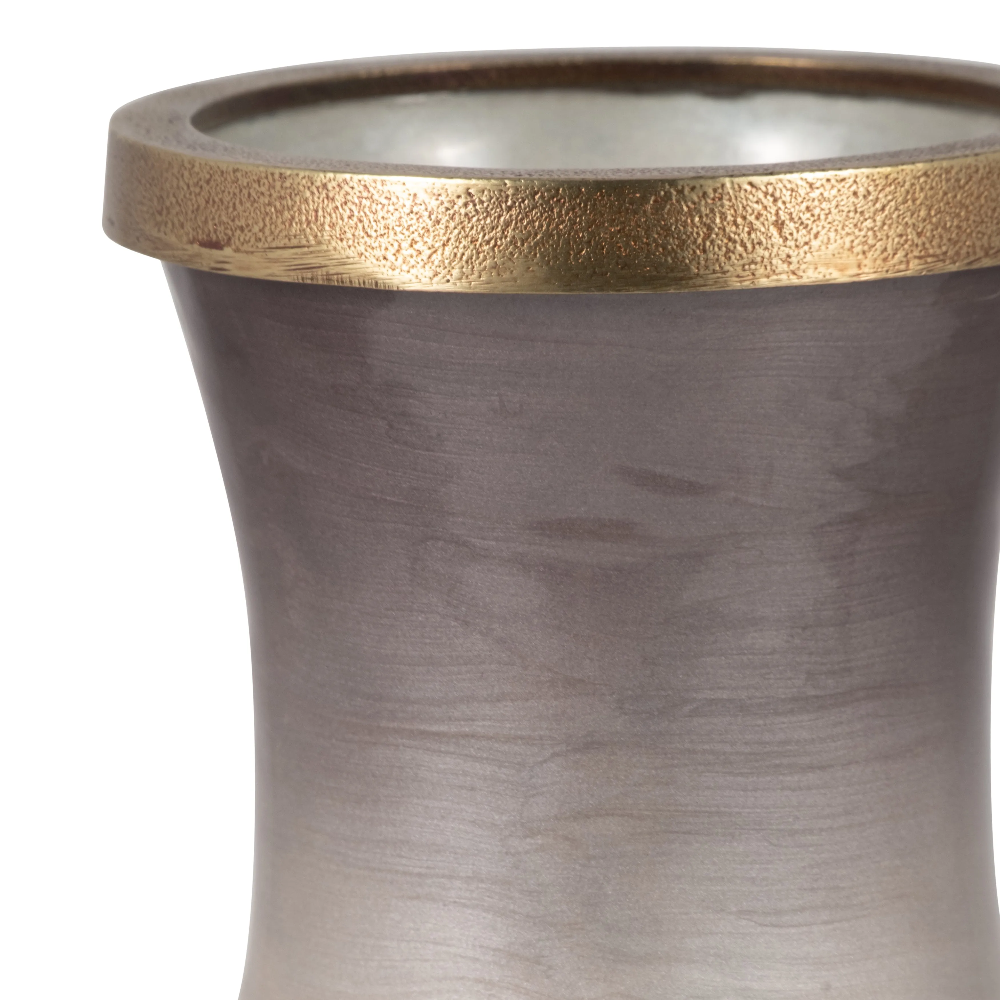 GLASS, 13" VASE WITH METAL RIM, MULTI