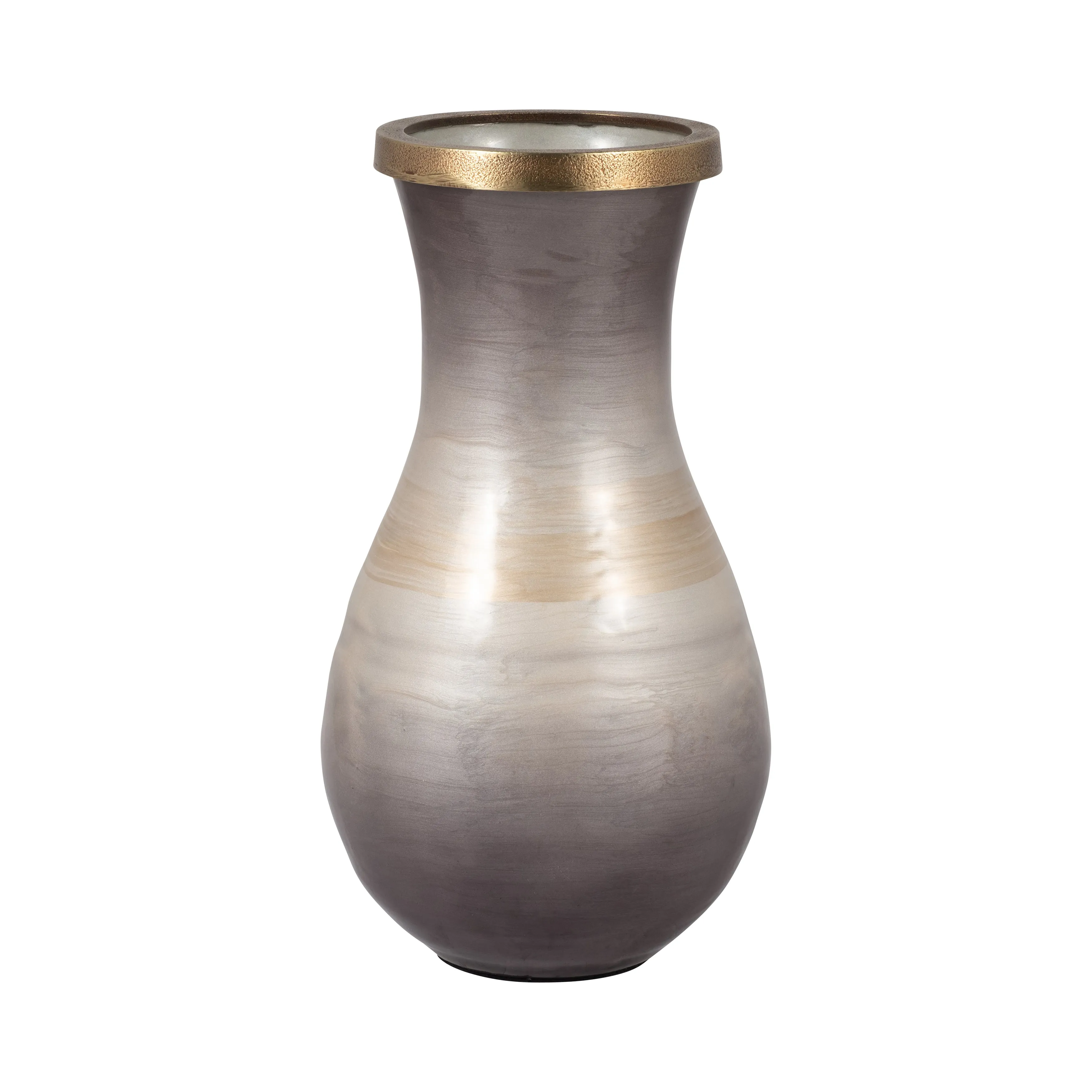GLASS, 13" VASE WITH METAL RIM, MULTI