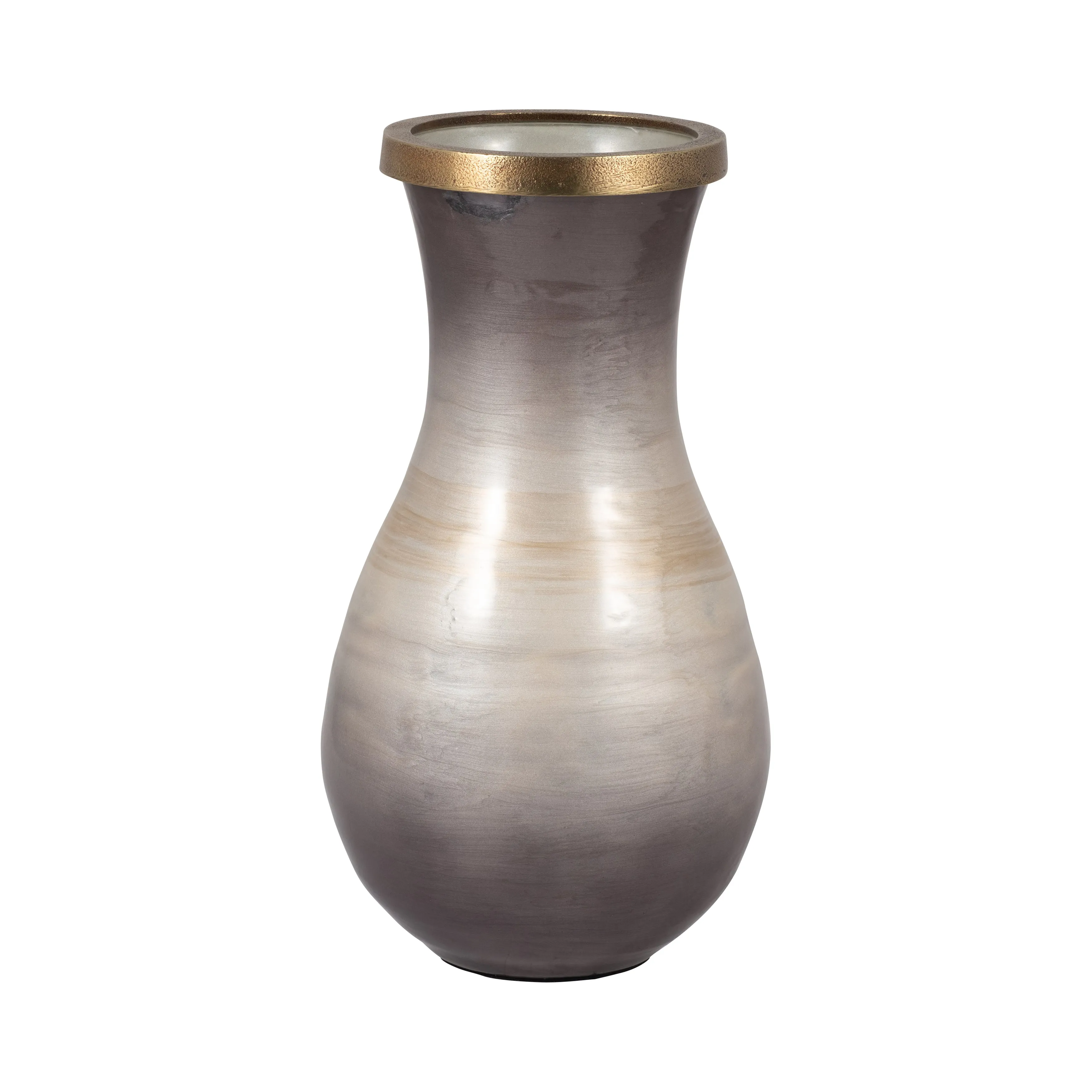 GLASS, 13" VASE WITH METAL RIM, MULTI