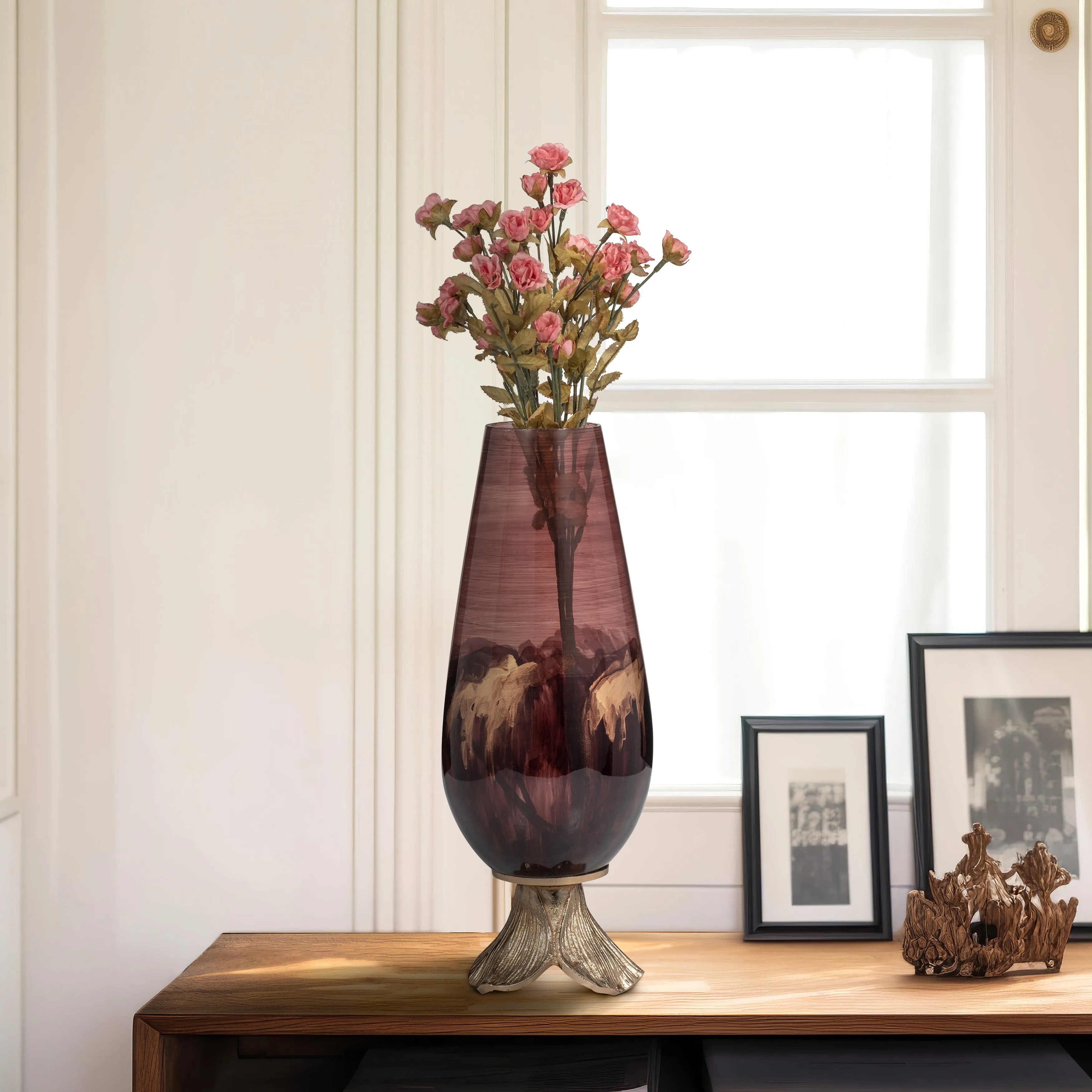 GLASS, 15" VASE W/ LEAF BASE, BRONZE