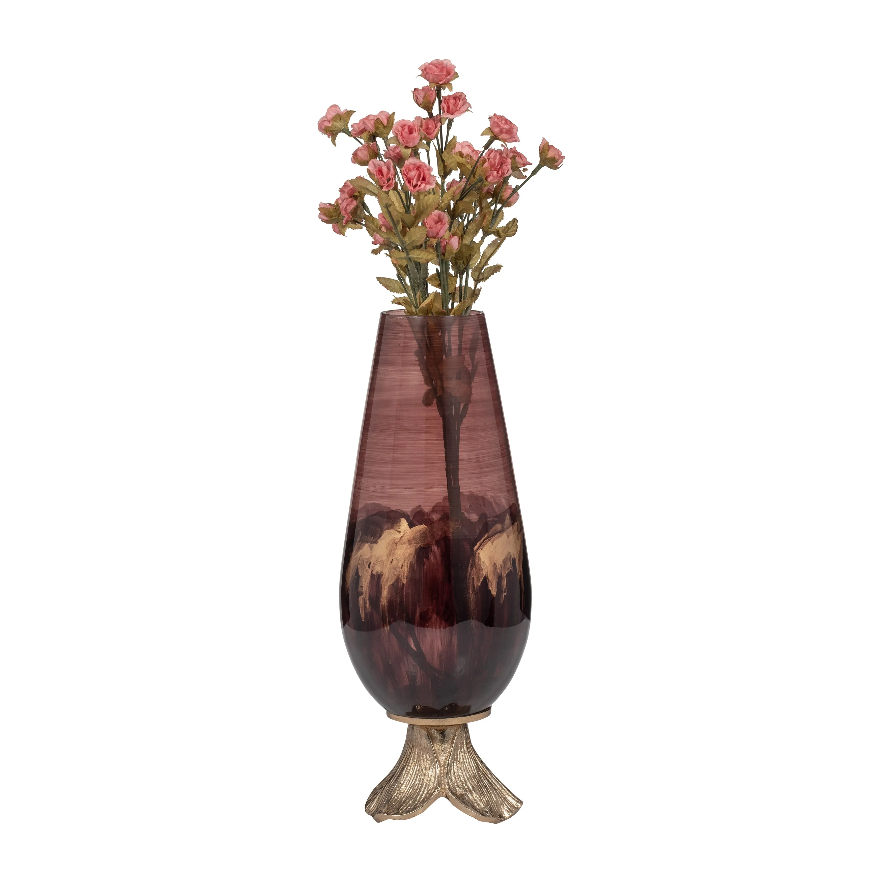 GLASS, 15" VASE W/ LEAF BASE, BRONZE