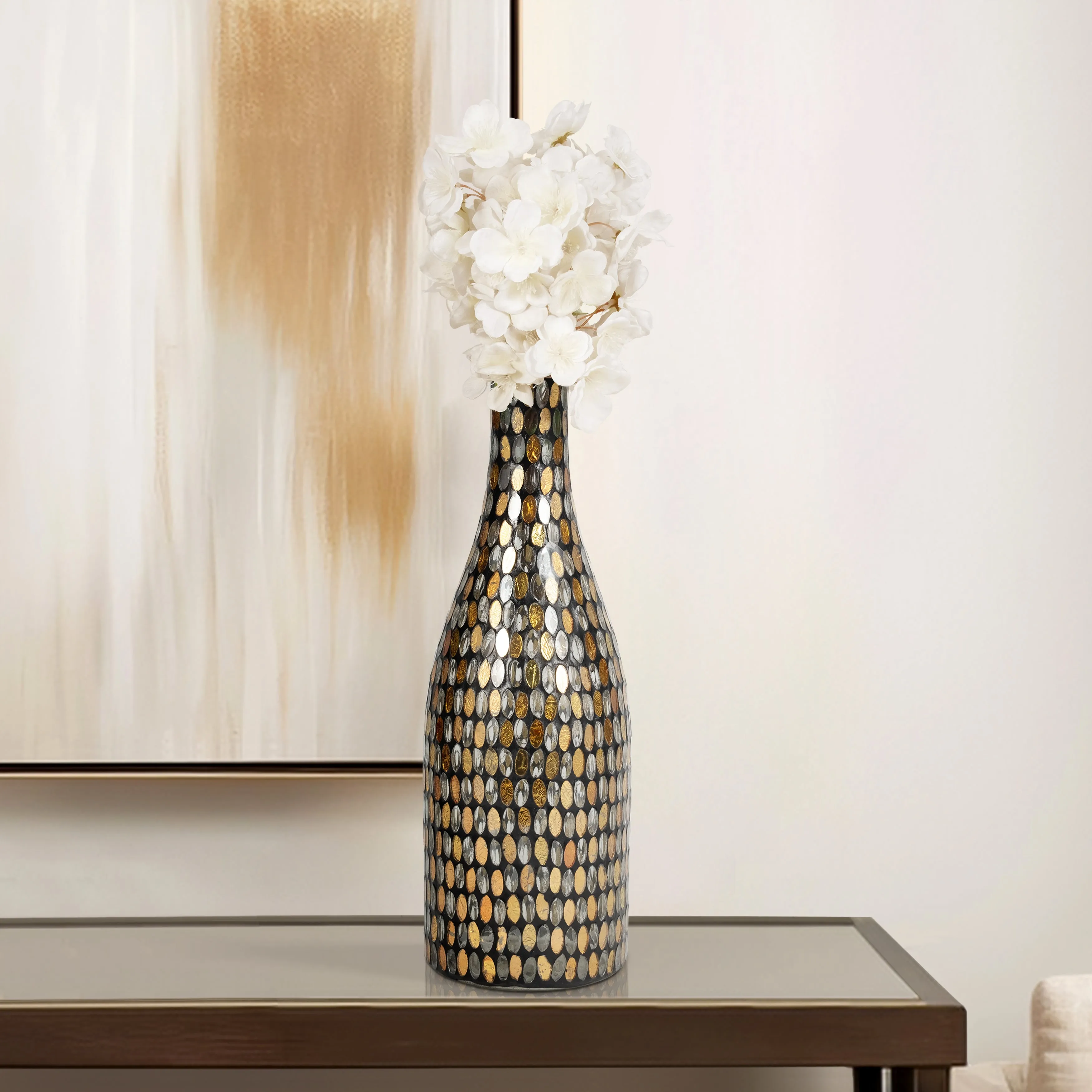 GLASS, 15"H MOSAIC VASE, COPPER