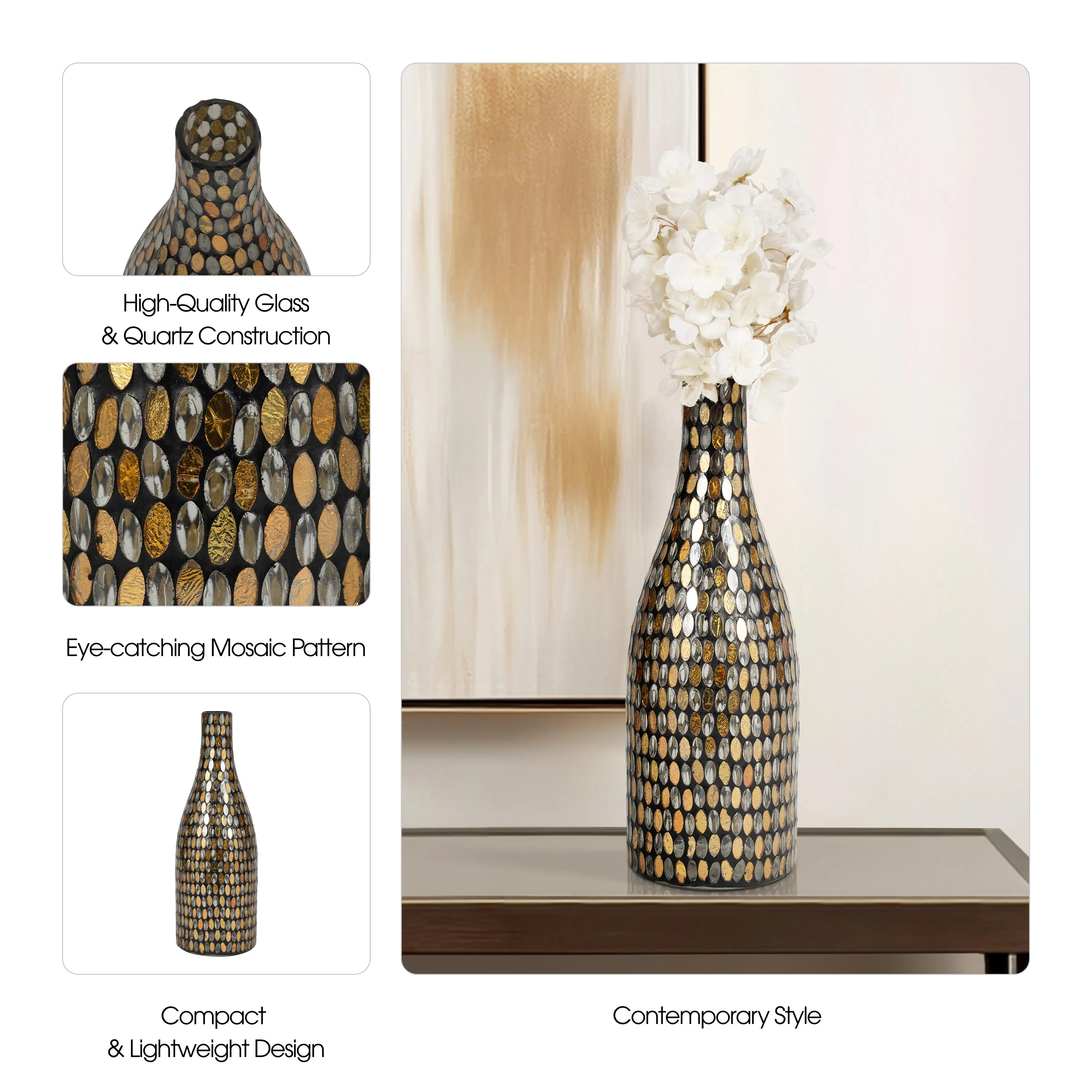 GLASS, 15"H MOSAIC VASE, COPPER