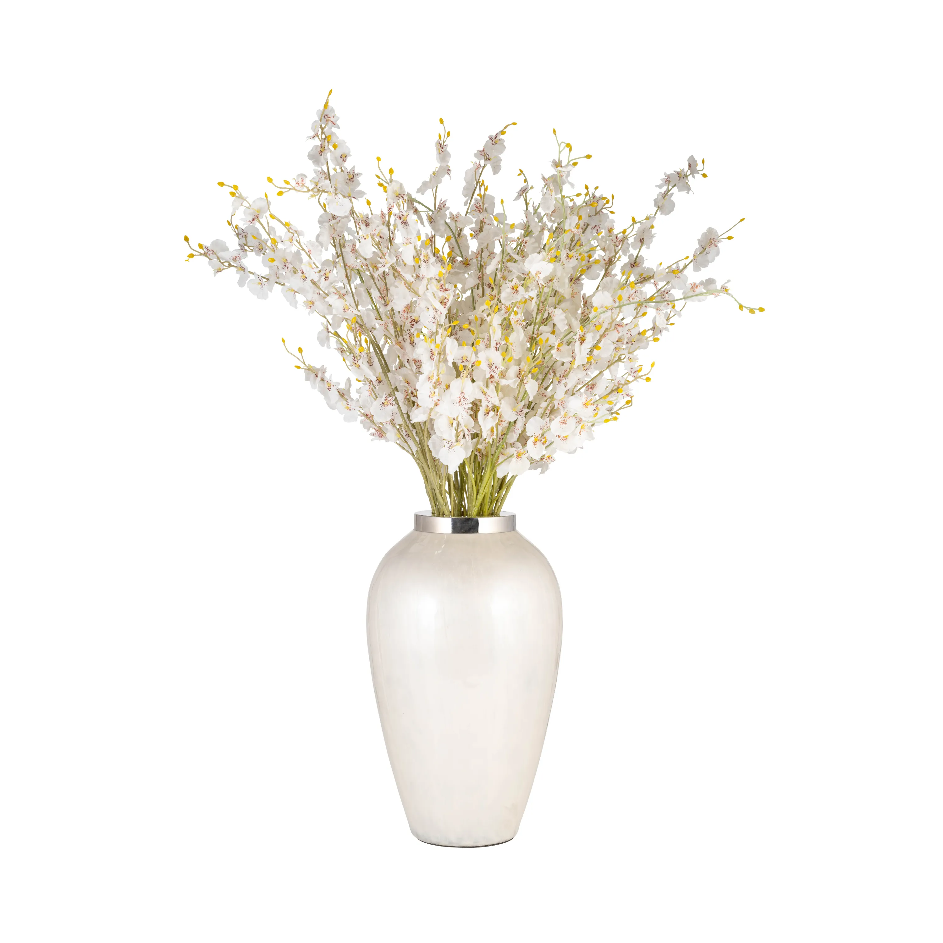 GLASS, 17"H VASE W/ METAL RING, PEARL