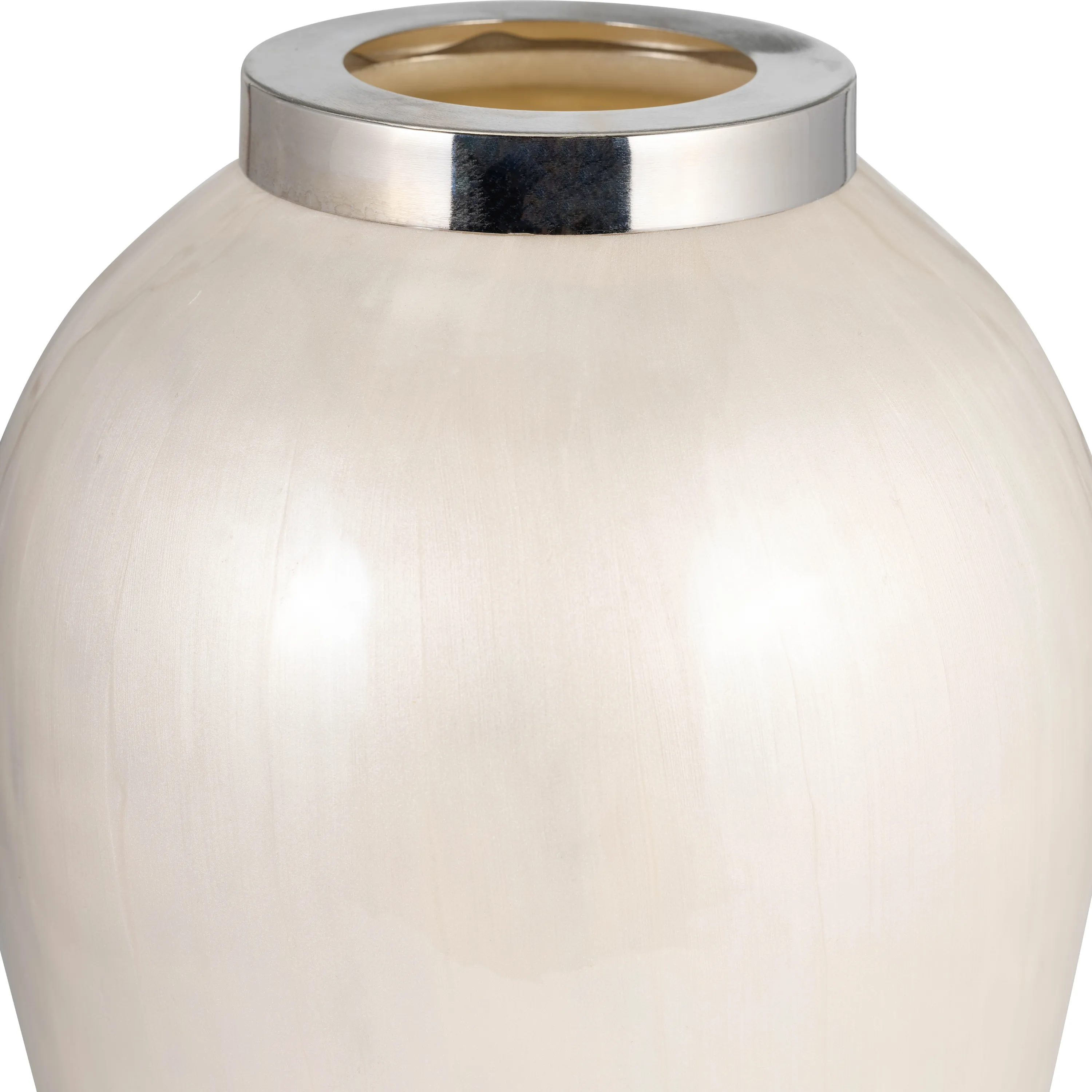 GLASS, 17"H VASE W/ METAL RING, PEARL