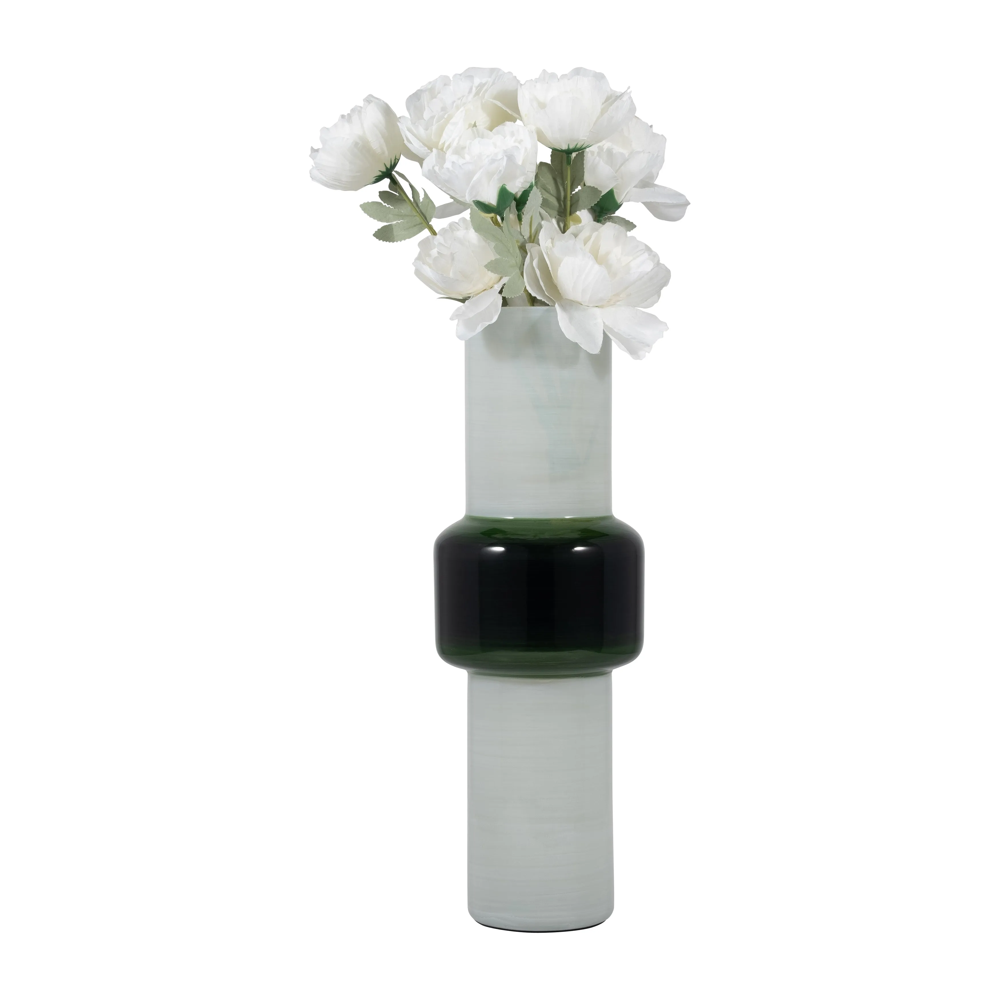 GLASS, 19" MODERN CYLINDER VASE, WHITE/GREEN