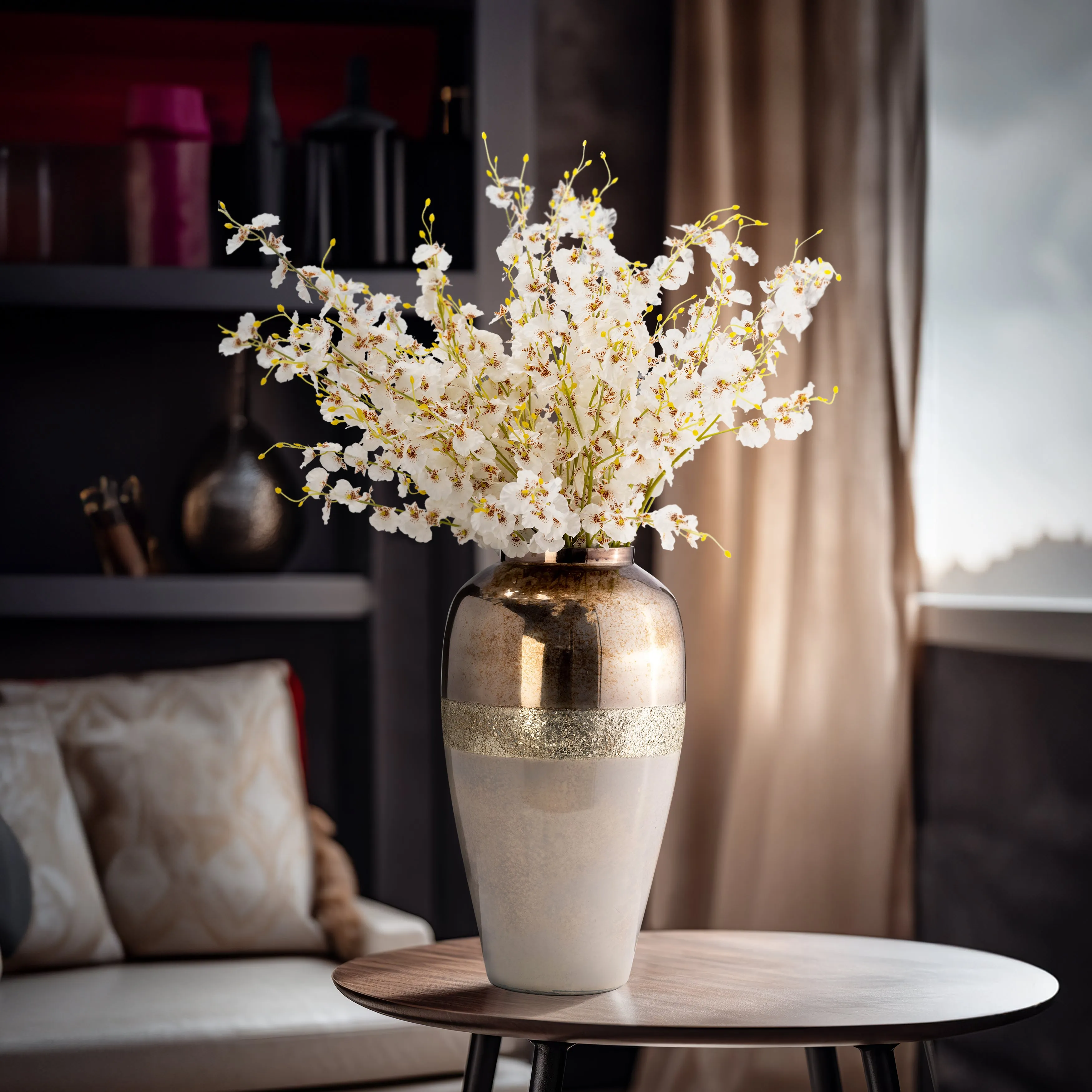 GLASS, 20" METALLIC VASE, CHAMPAGNE