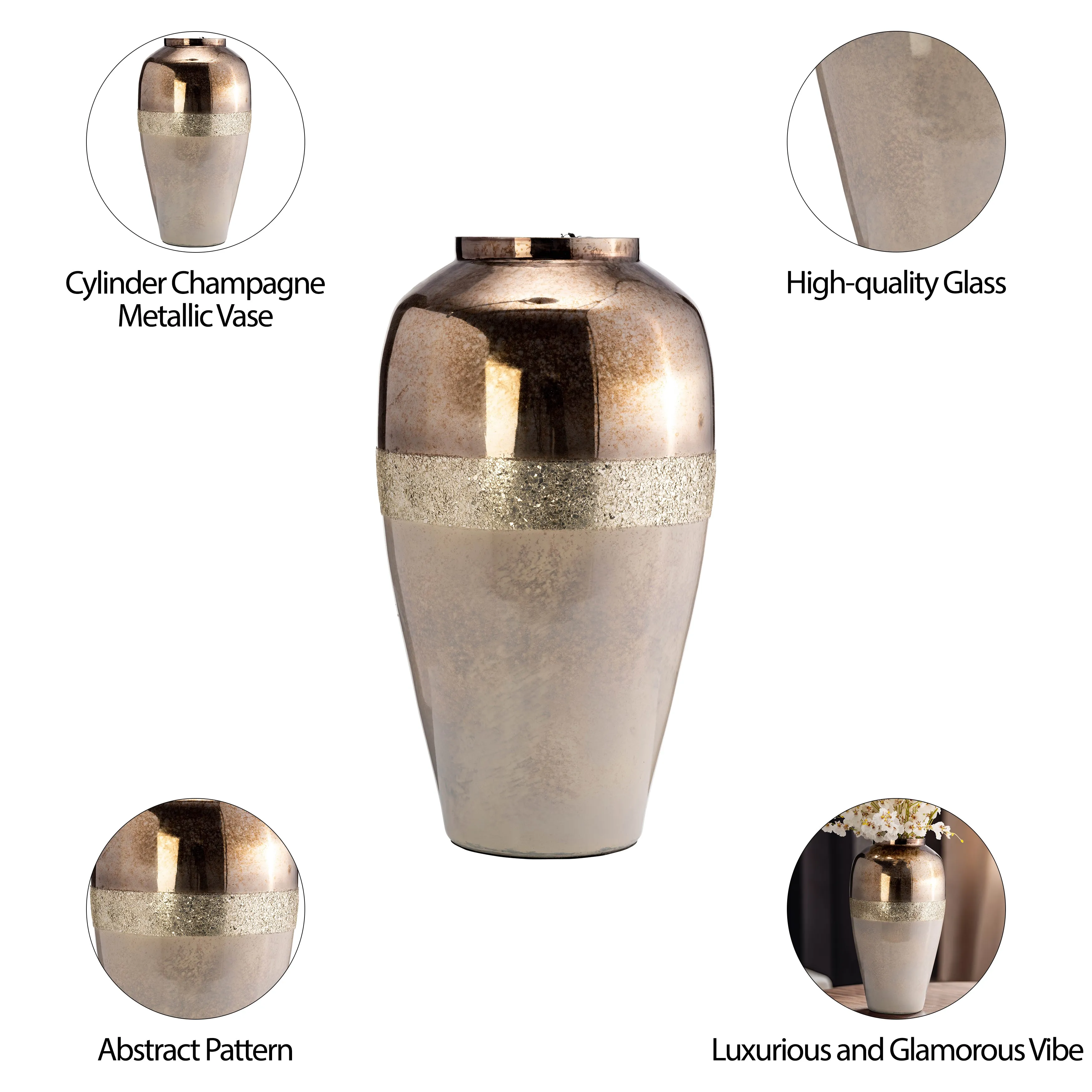GLASS, 20" METALLIC VASE, CHAMPAGNE
