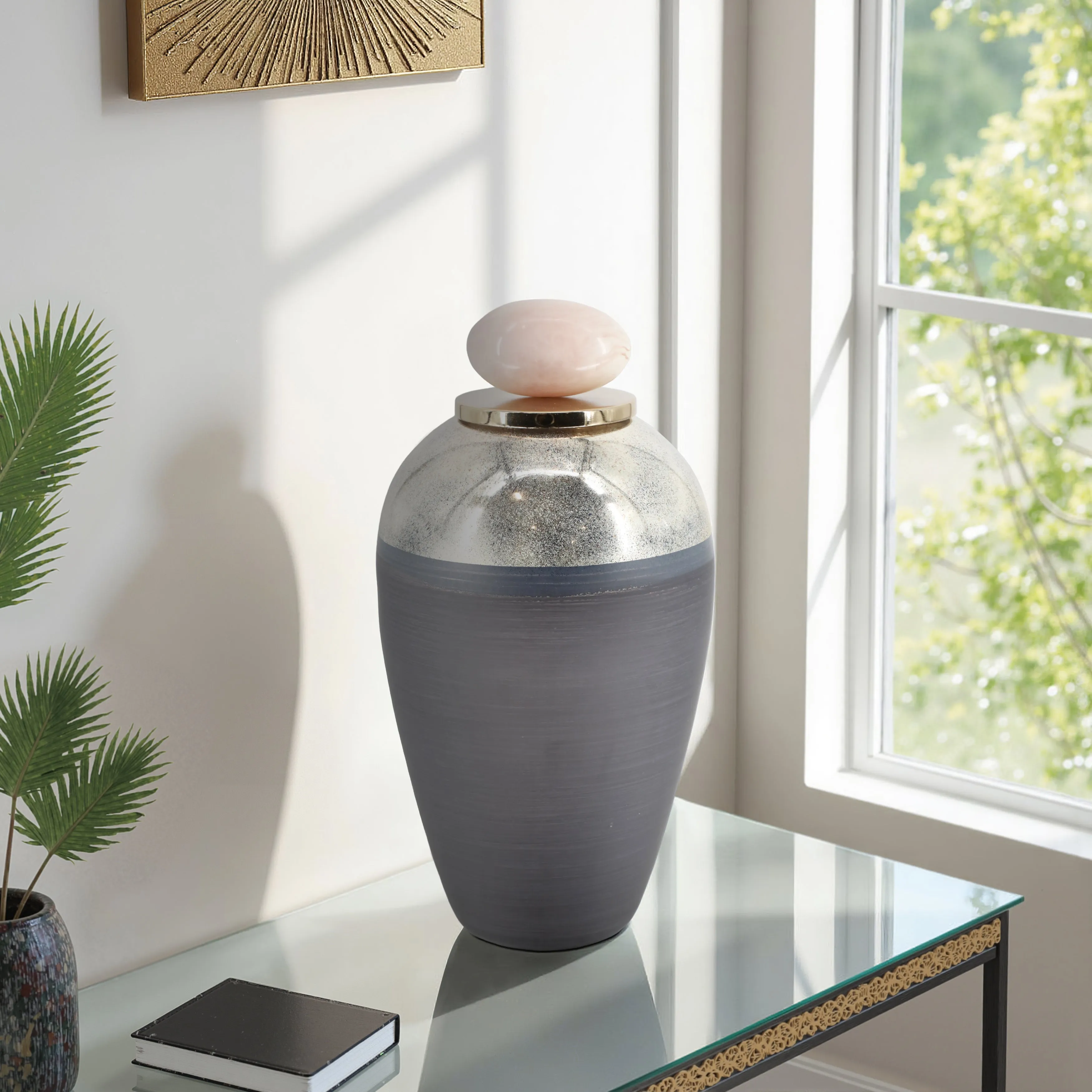 GLASS, 20" VASE W/ RESIN TOPPER, GRAY