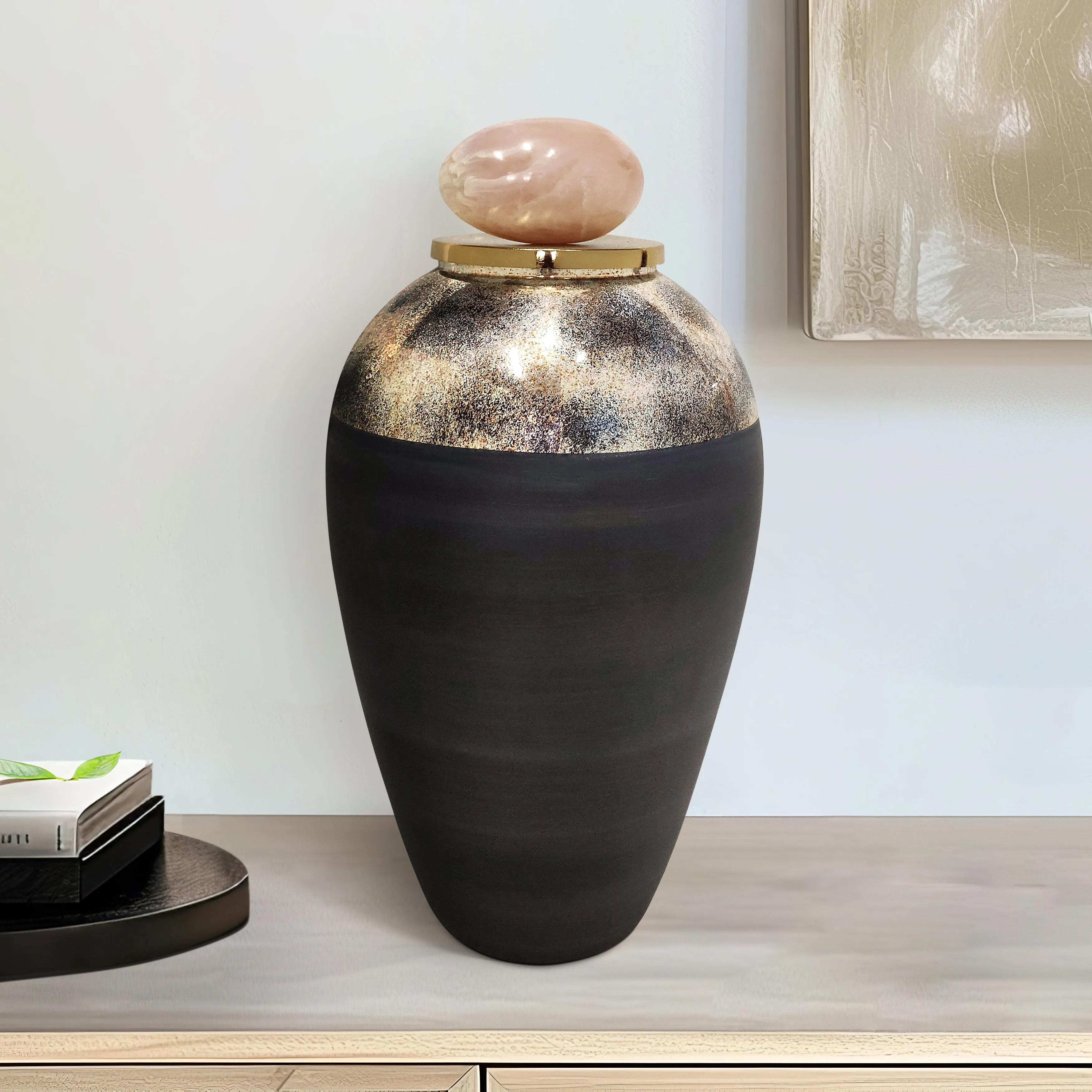 GLASS, 20" VASE W/ RESIN TOPPER, GRAY