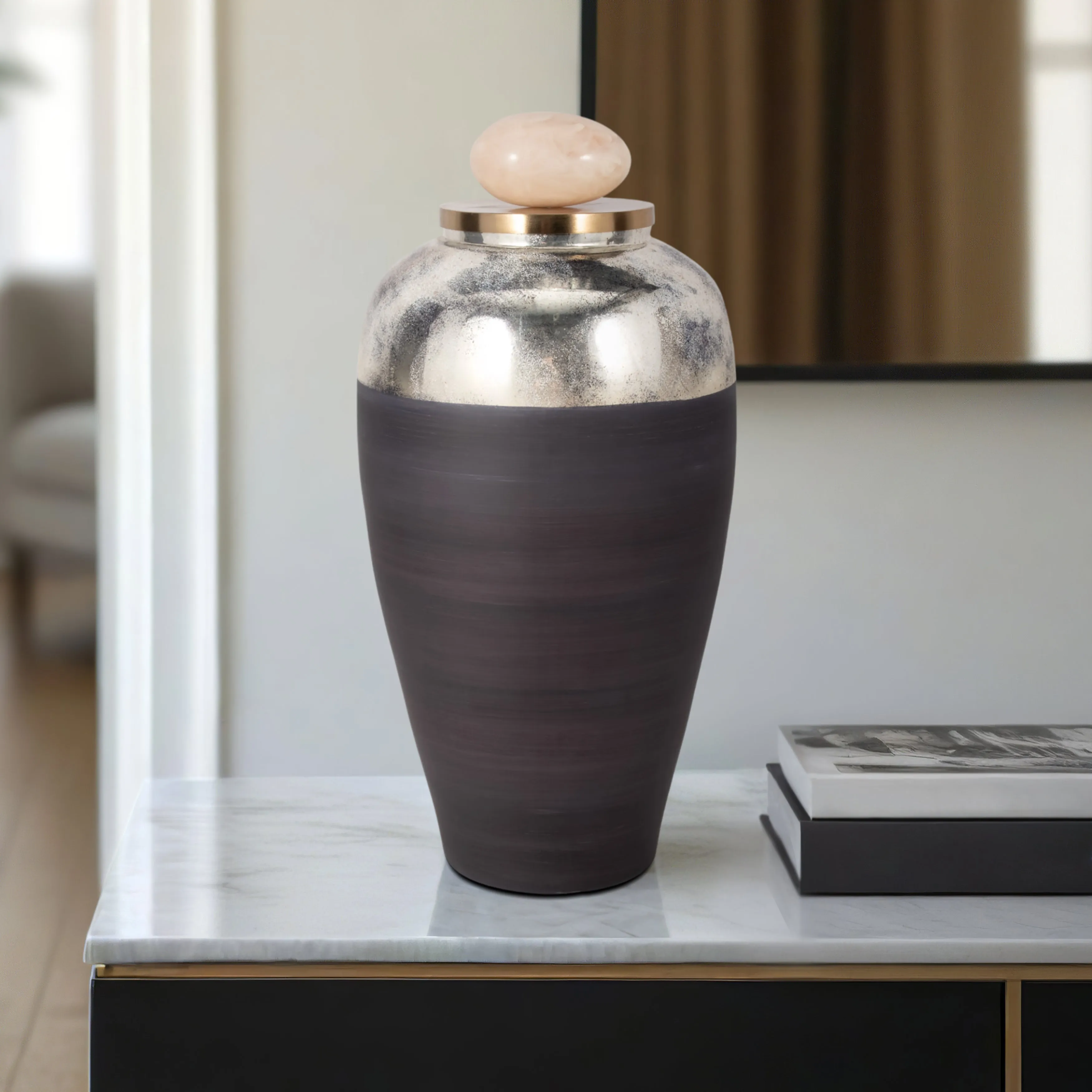 GLASS, 23" VASE W/ RESIN TOPPER, GRAY