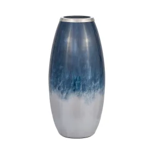GLASS,18"H VASE W/METAL RIM, BLUE/WHT OMBRE