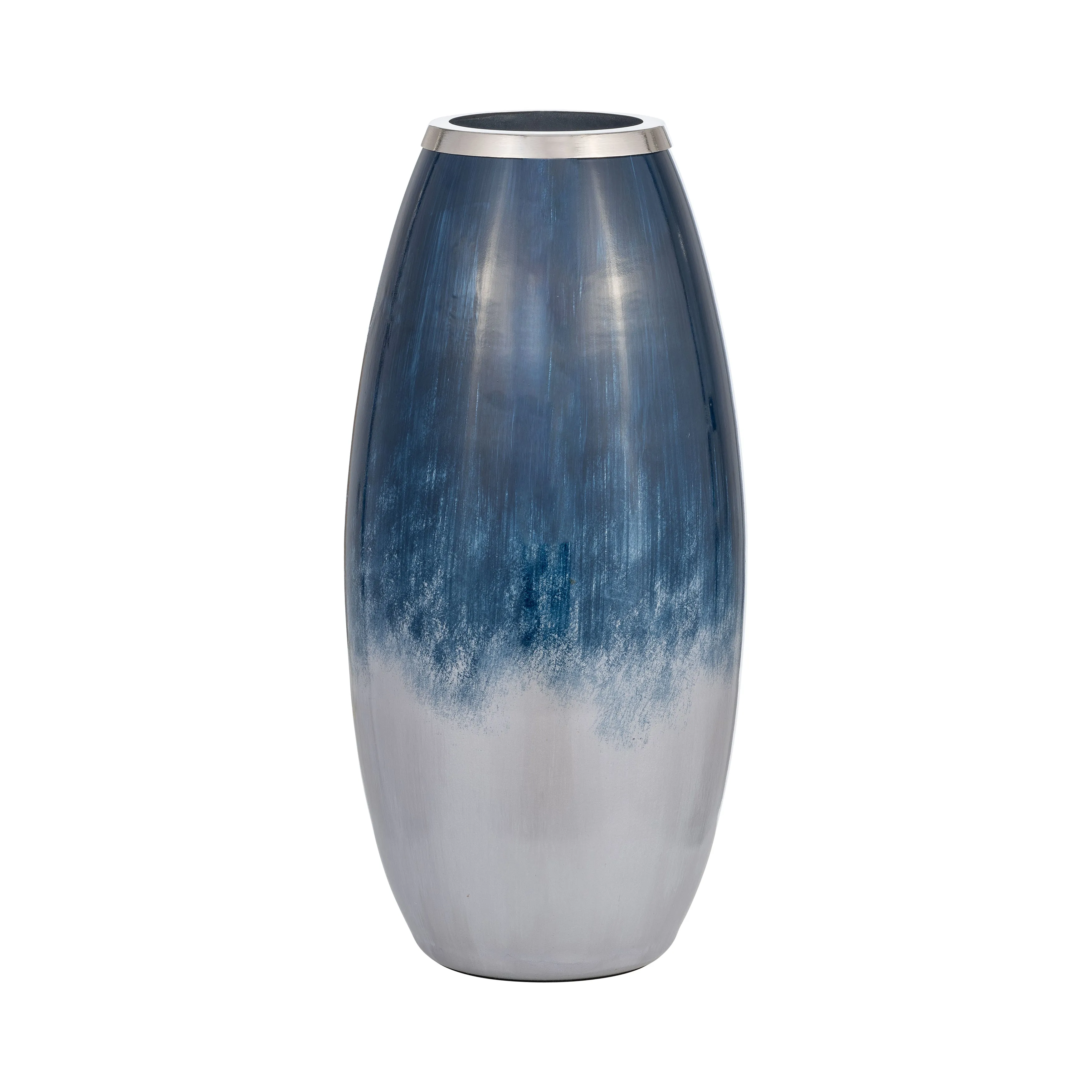 GLASS,18"H VASE W/METAL RIM, BLUE/WHT OMBRE